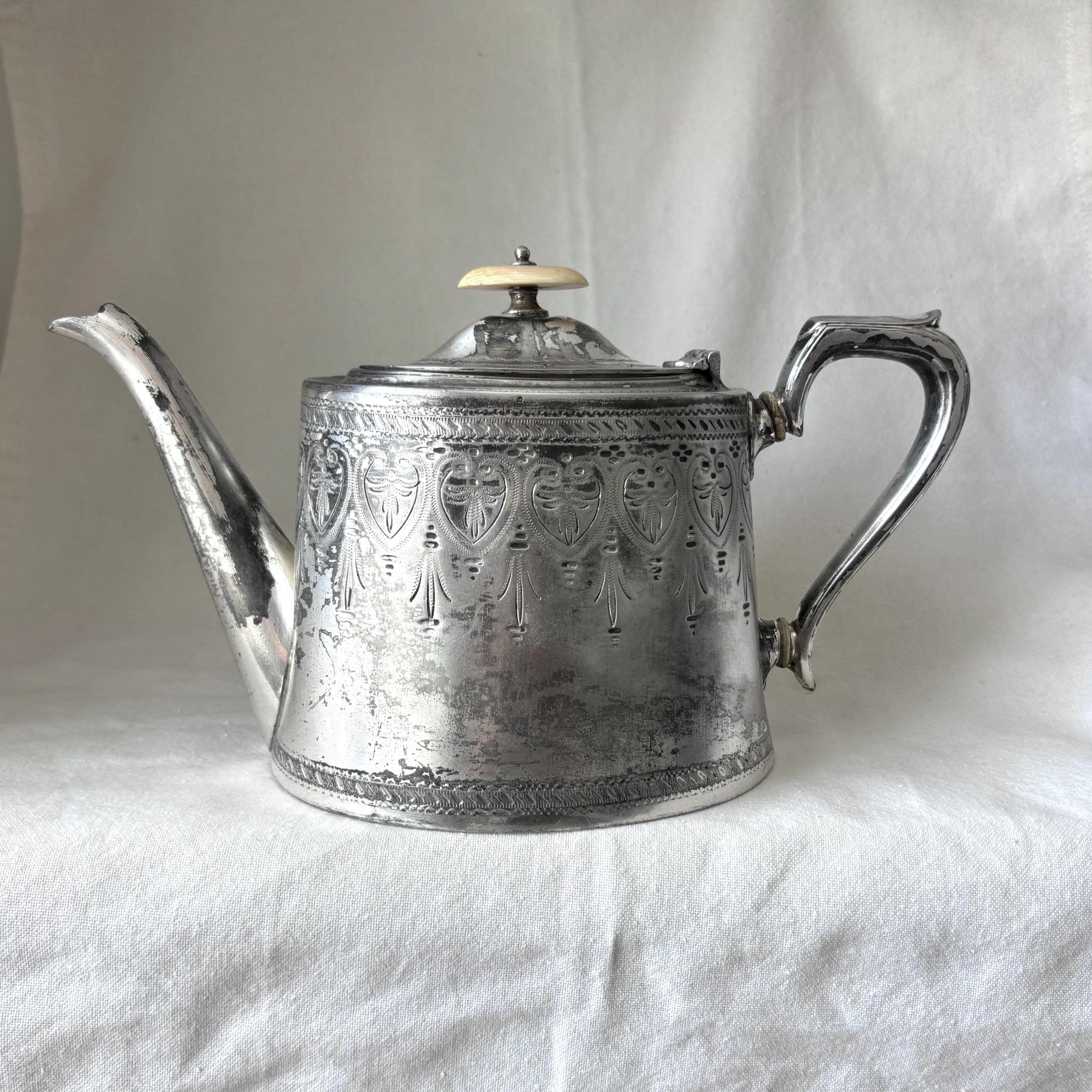 Vintage Silver Plated Teapot: Victorian Engraved Design, Bone Finial