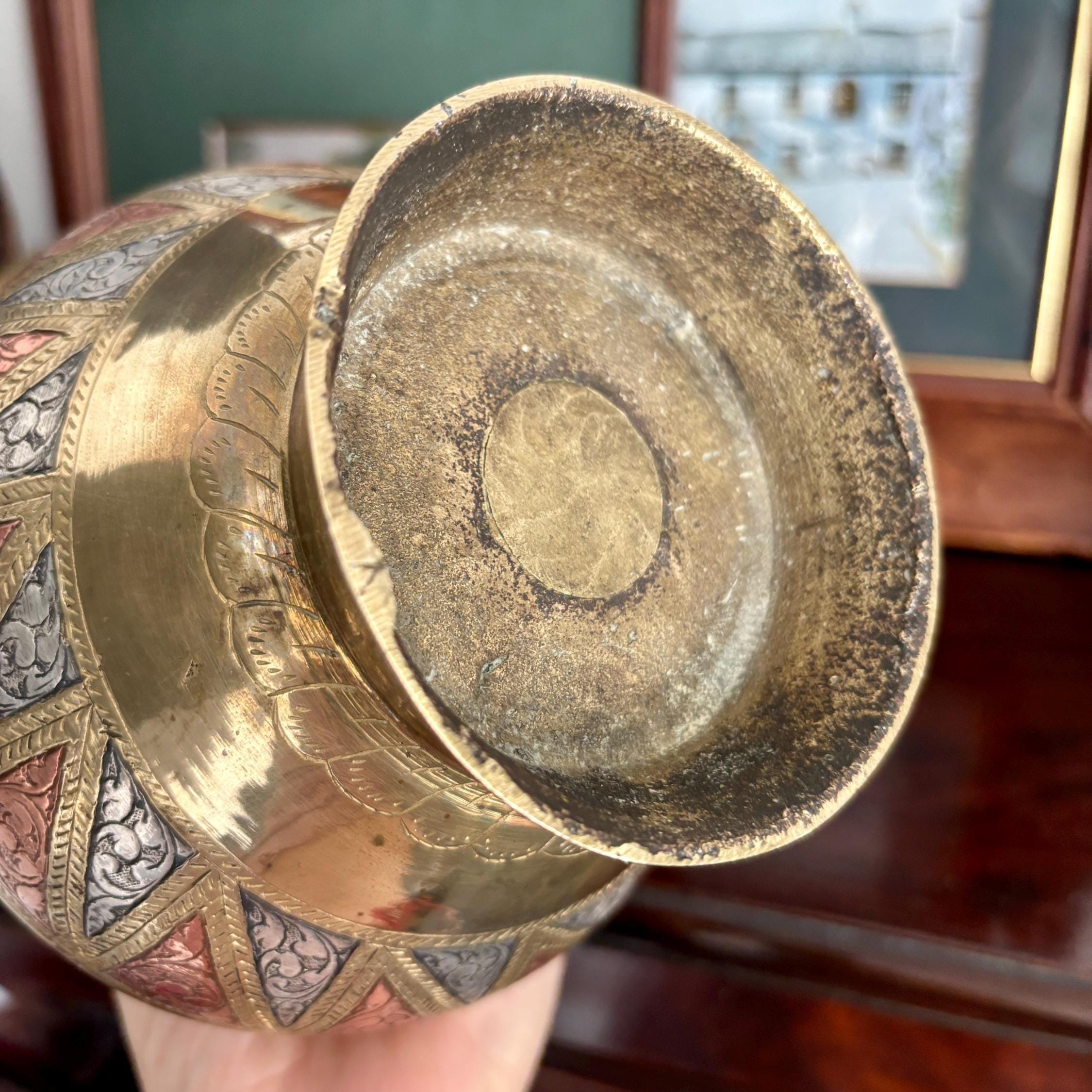 Vintage Indian Solid Brass Vase | Hand-Engraved Copper & White Metal Inlay