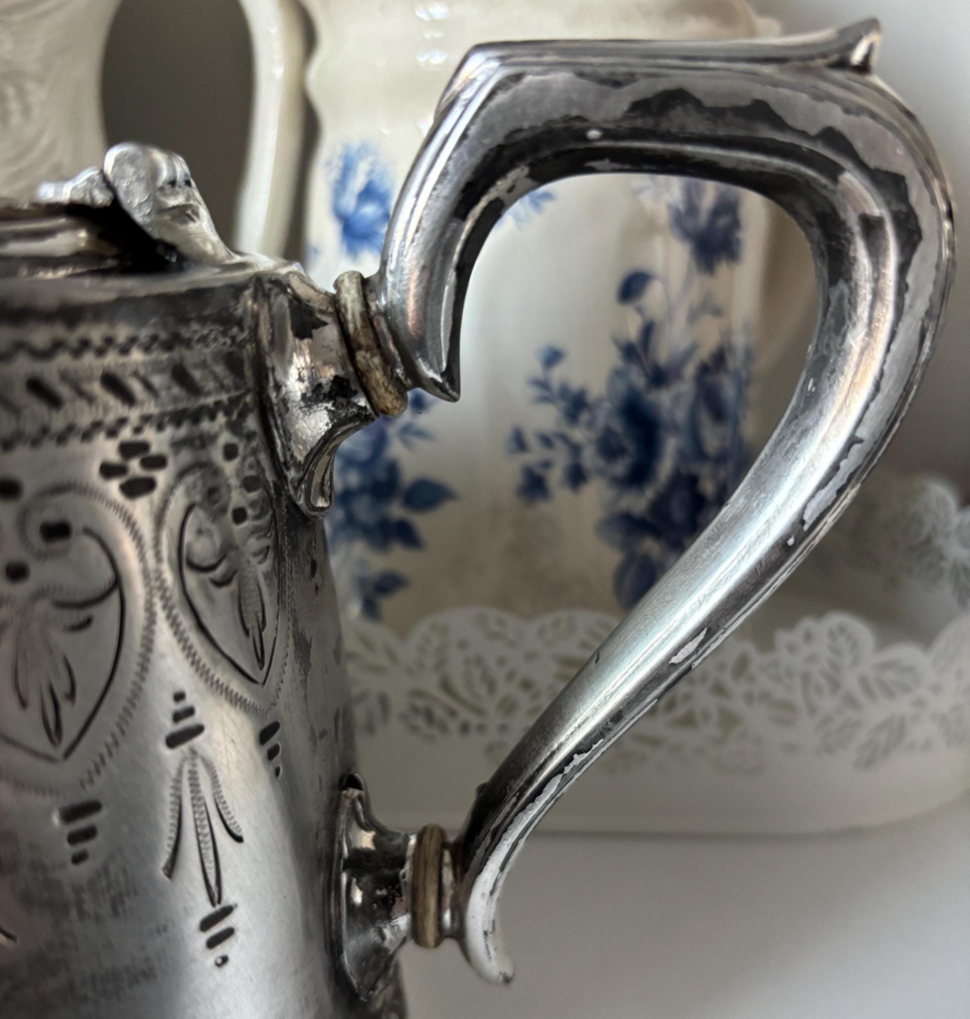 Vintage Silver Plated Teapot: Victorian Engraved Design, Bone Finial