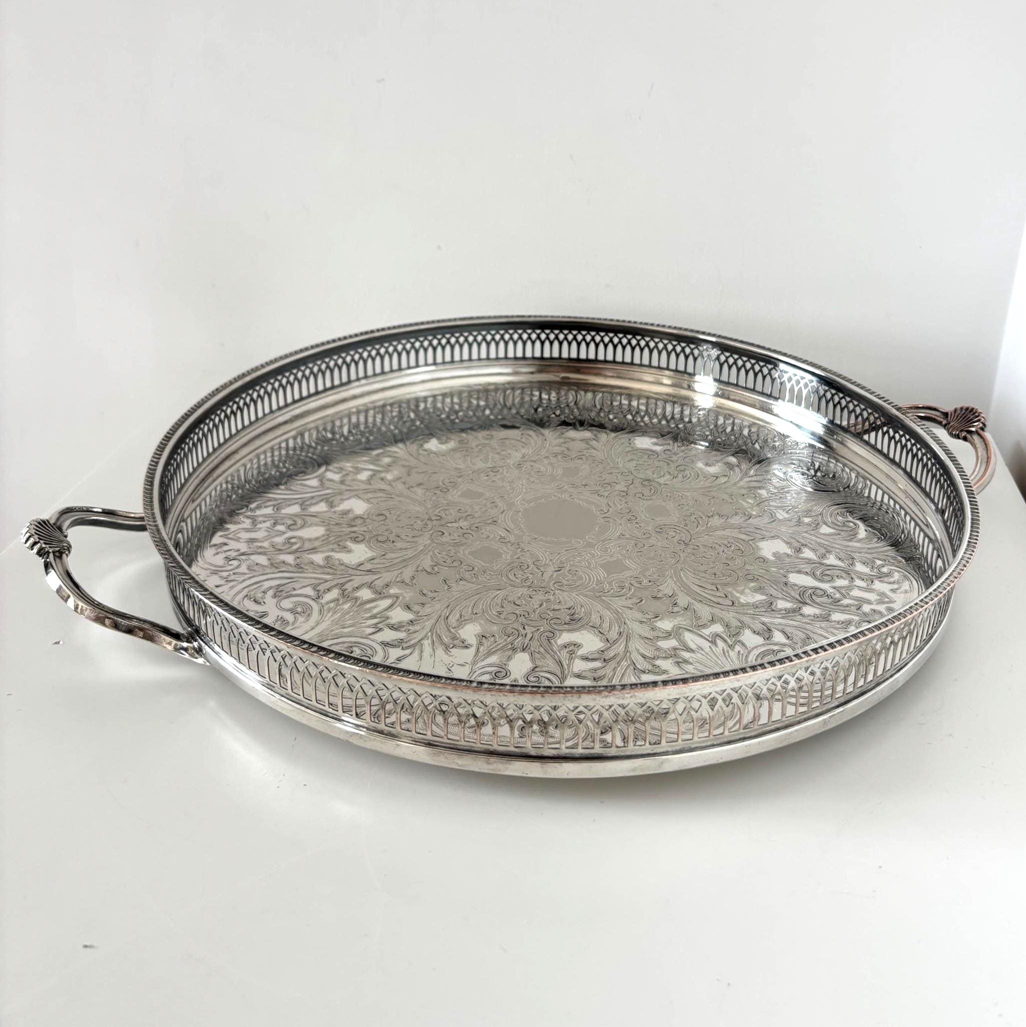 Large Cavalier Silver Plated Serving Tray, Round Gallery Tray With Handles, Made in England