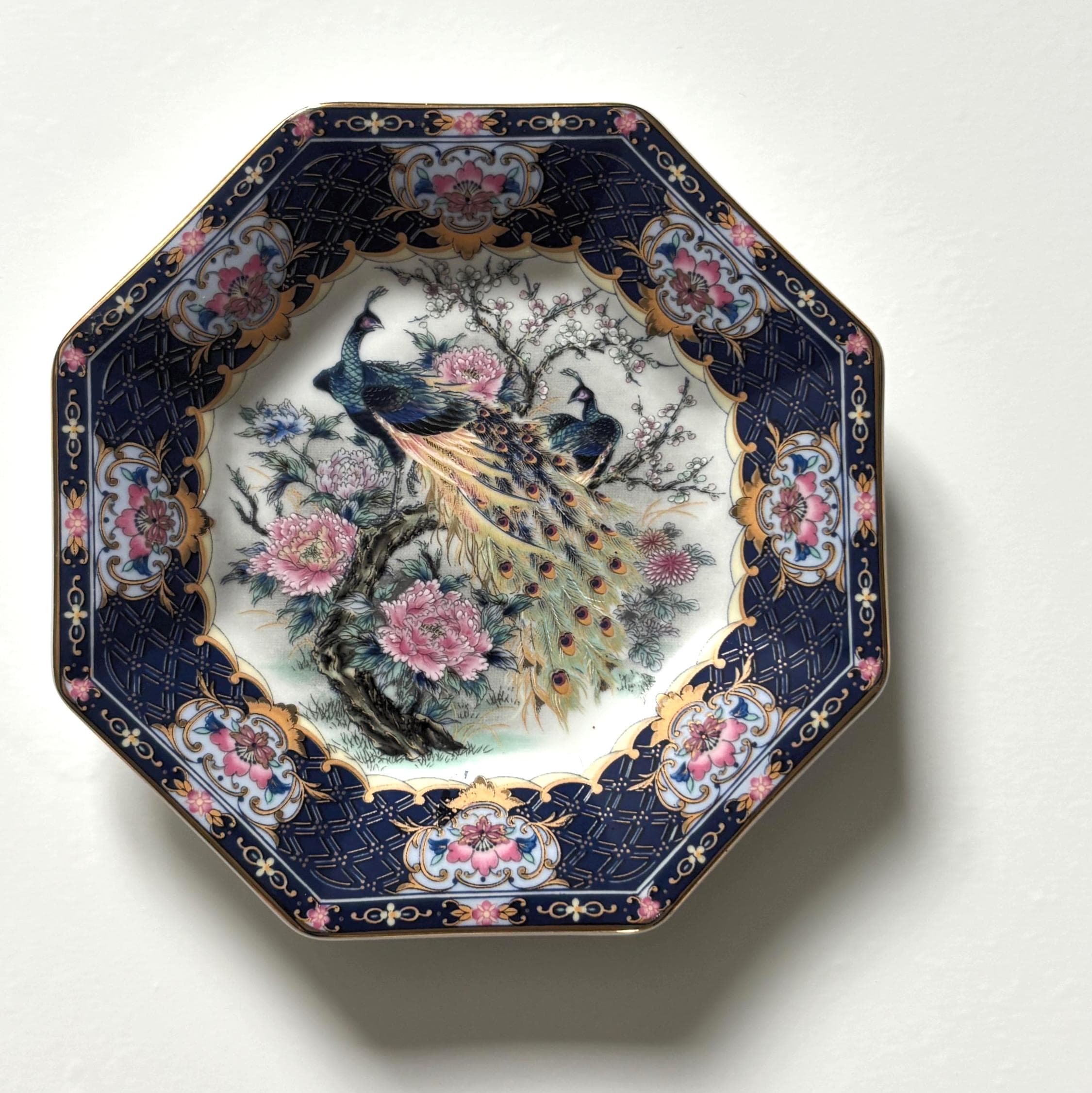 Pair Vintage Imperial Imari Peacock Wall Plates Japan Porcelain Hanging Plates Blue & Red