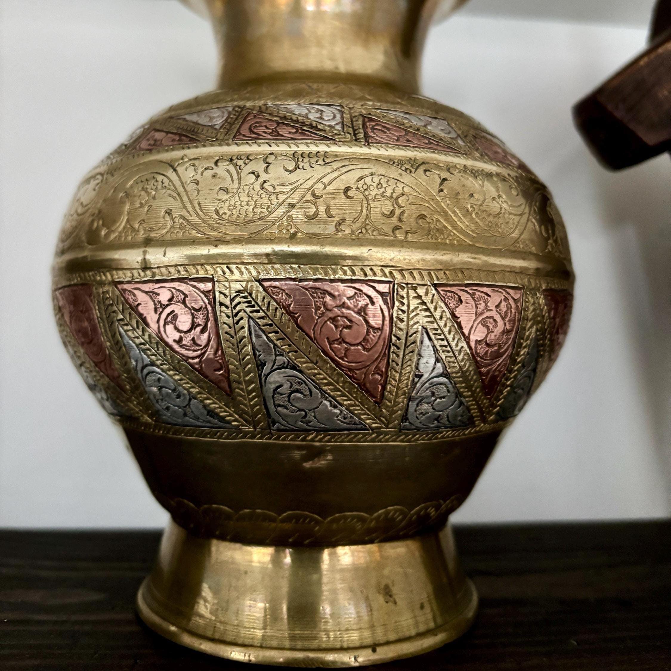 Vintage Indian Solid Brass Vase | Hand-Engraved Copper & White Metal Inlay
