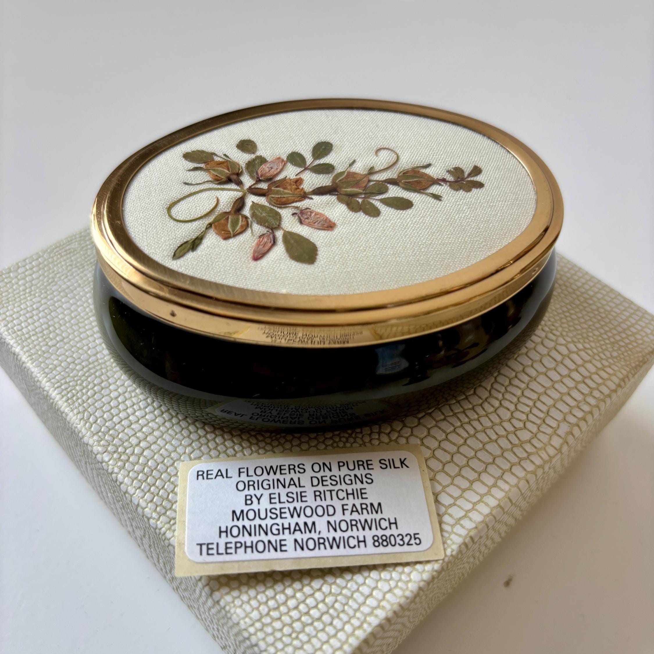 Vintage Ceramic Trinket Box: Pressed Flowers on Silk Lid