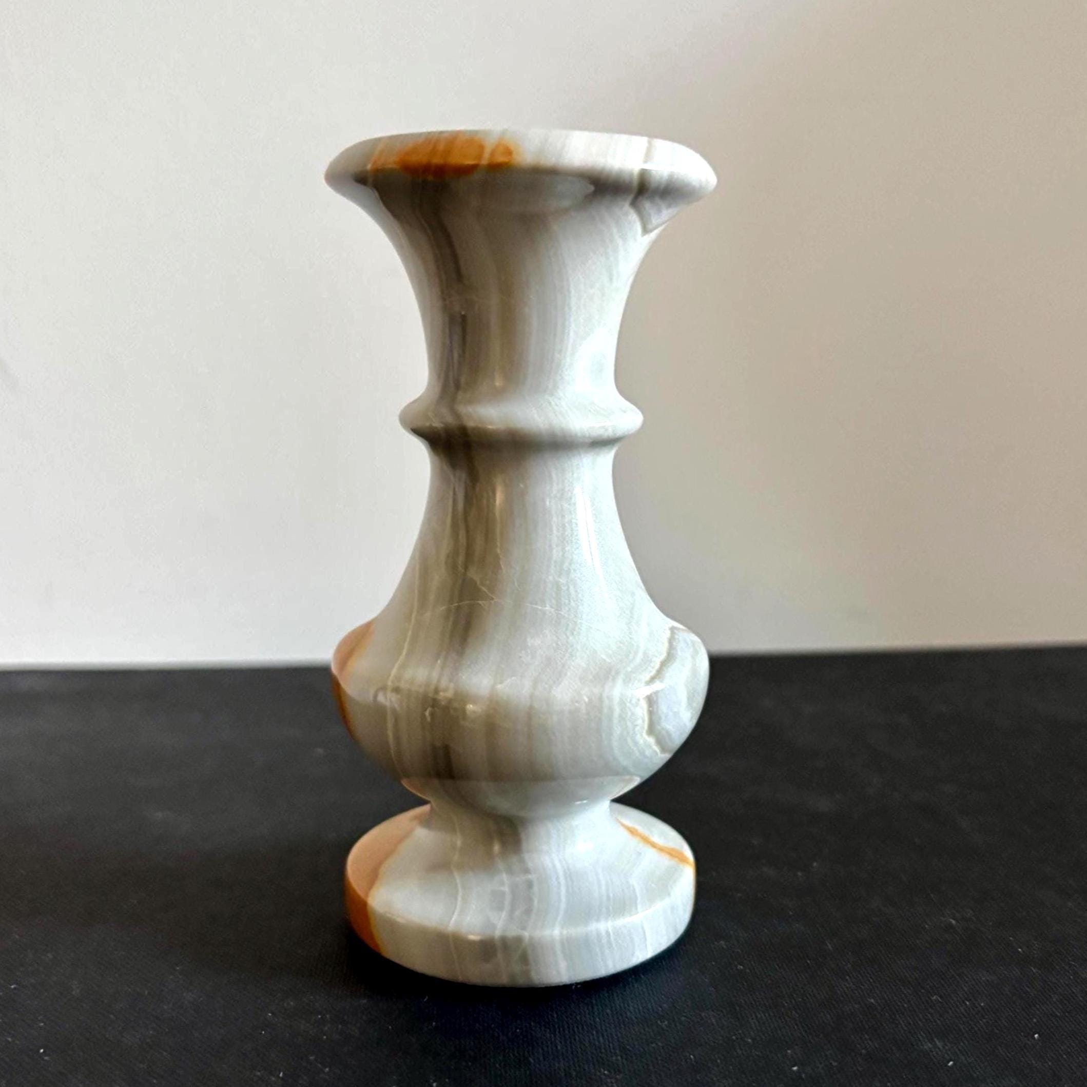 Hand-Carved Onyx Bud Vase: Grey & Amber Turkish Stone