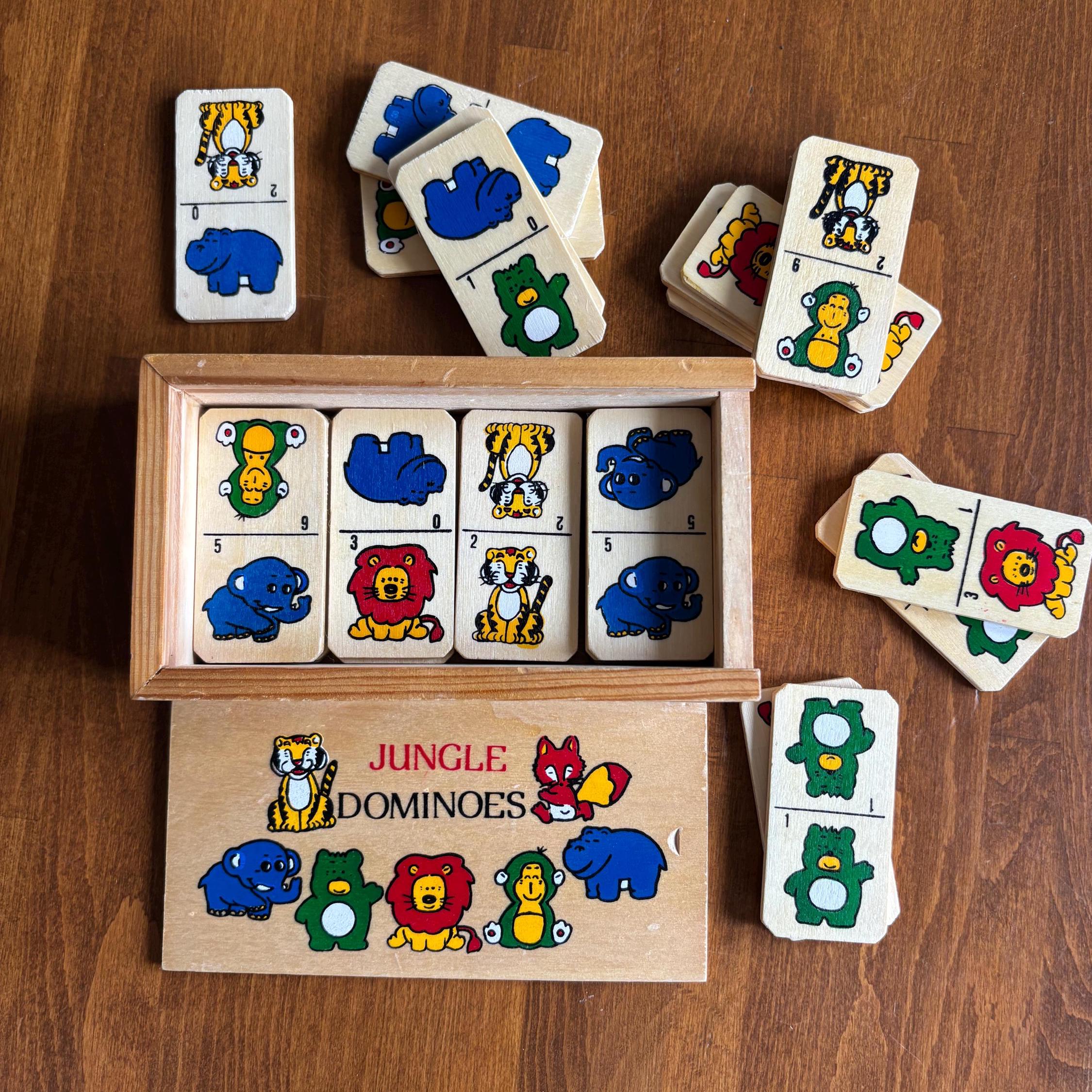 Vintage Wooden Jungle Dominoes Game | Animal Picture Dominoes in Sliding Box | Children’s Toy