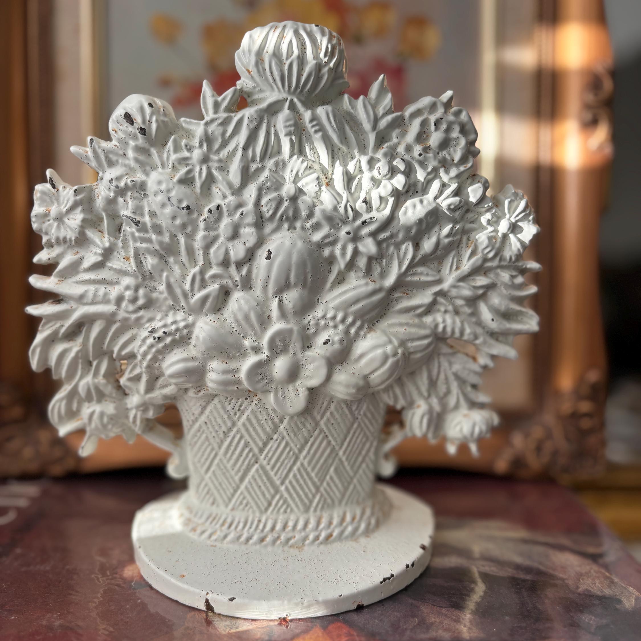 Vintage Cast Iron Flower Basket Doorstop Distressed White Shabby Chic Cottage Farmhouse Decor