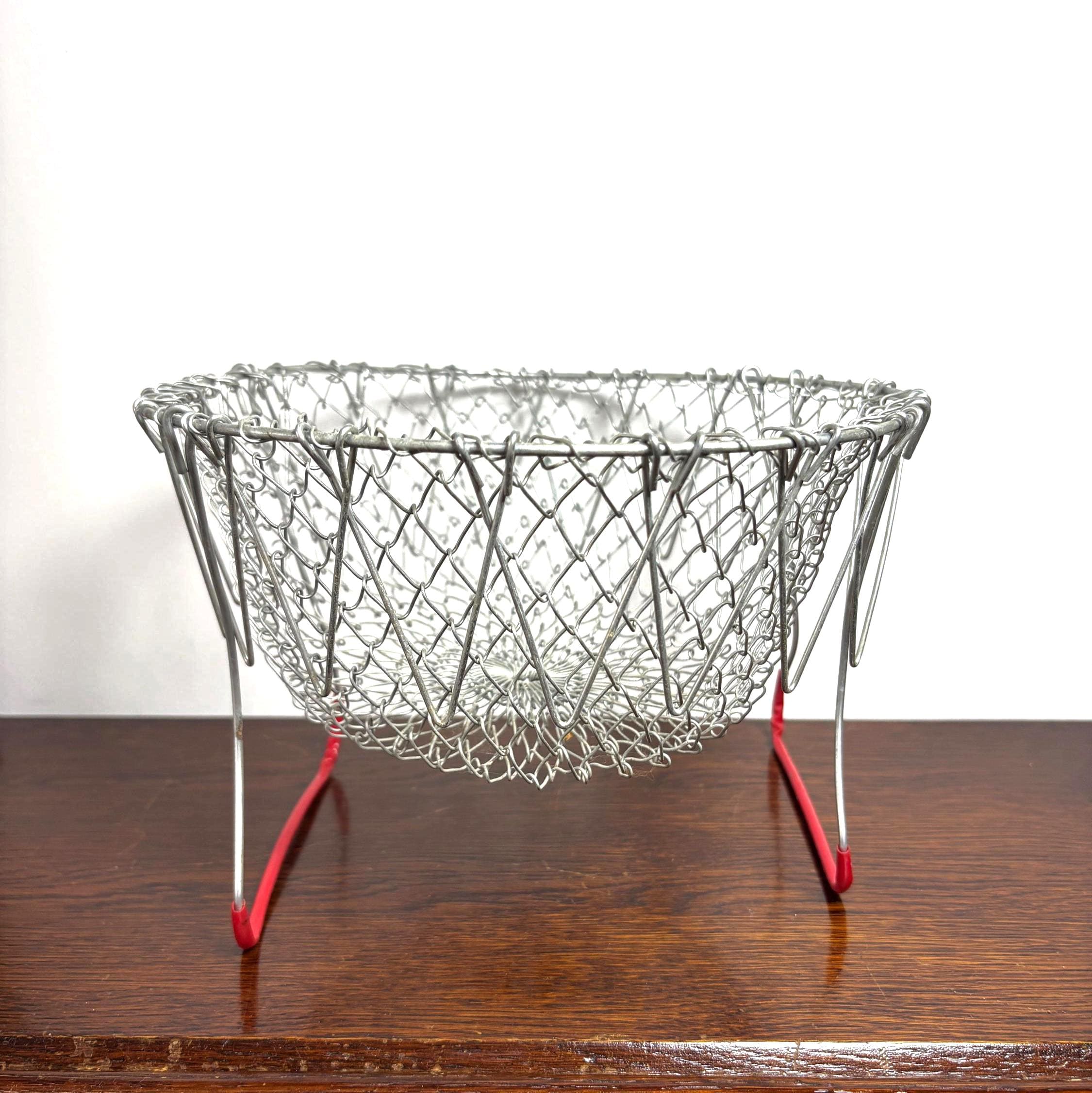 Vintage Collapsible Wire Egg Basket with Red Handle French Style Folding Market Basket