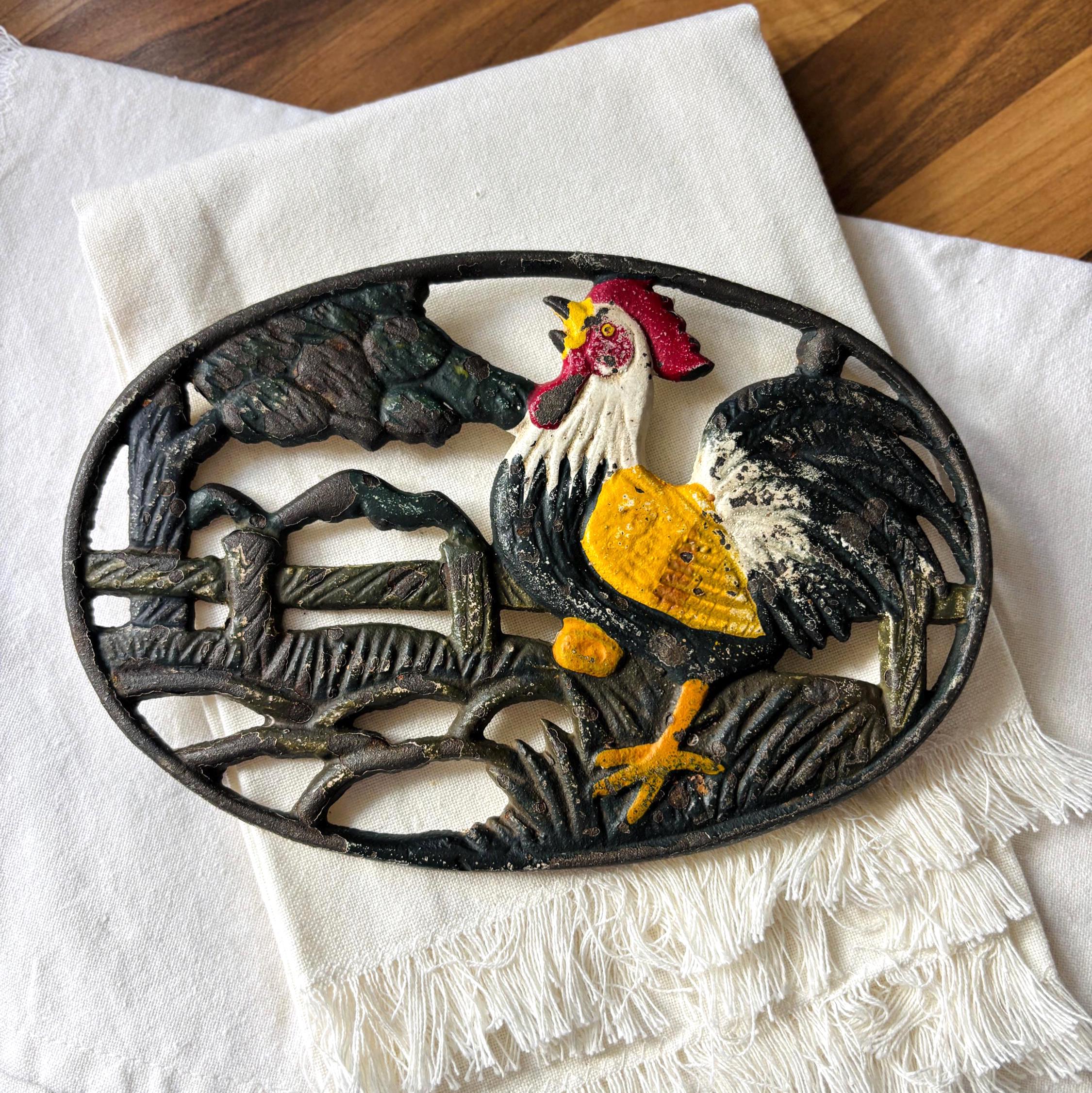 Vintage Cast Iron Rooster Trivet Farmhouse Kitchen Decor Rustic Pan Stand Country Style