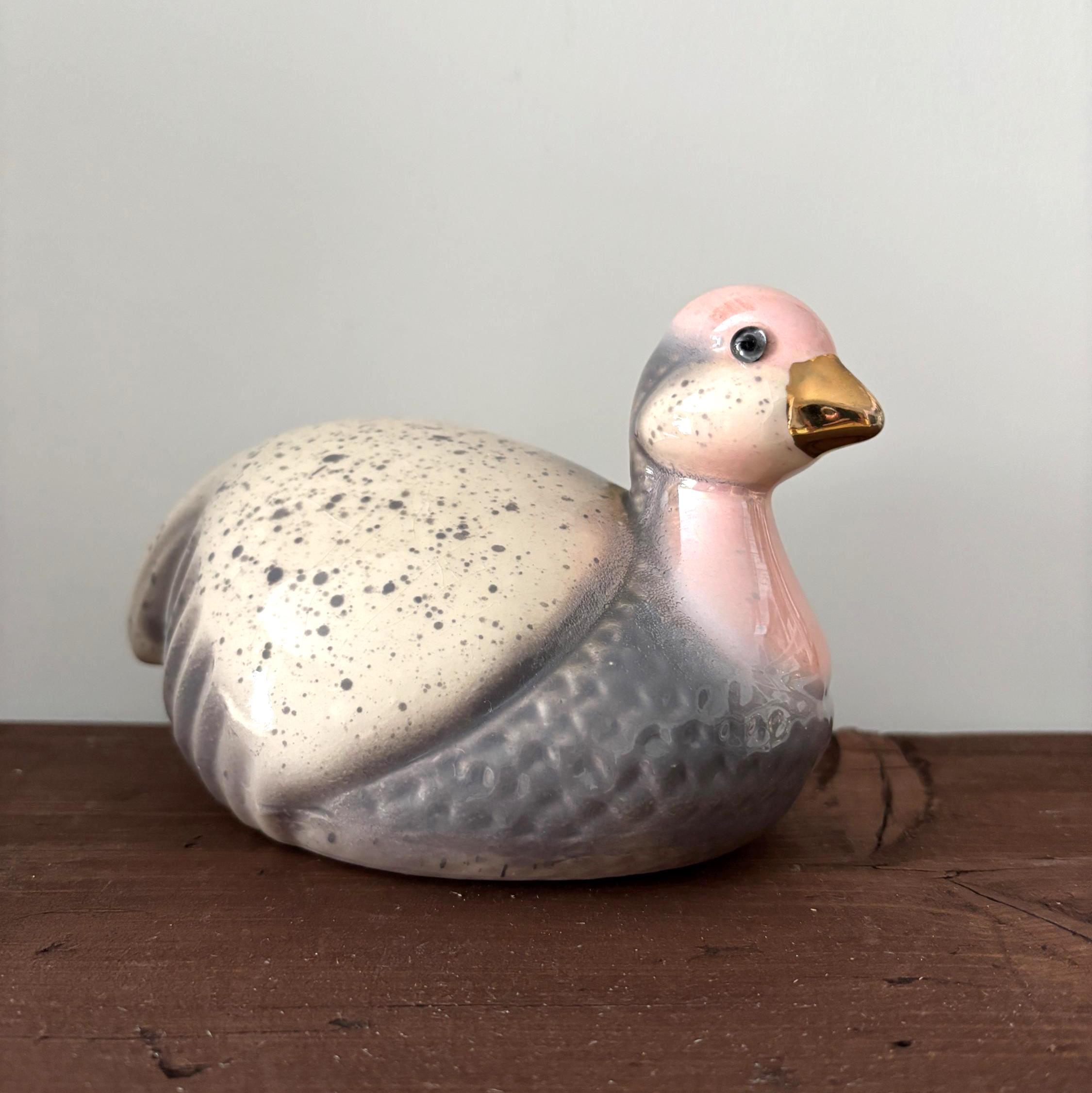 Vintage Ceramic Duck Figurine Glass Eyes Pink Grey Speckled Bird Ornament Large