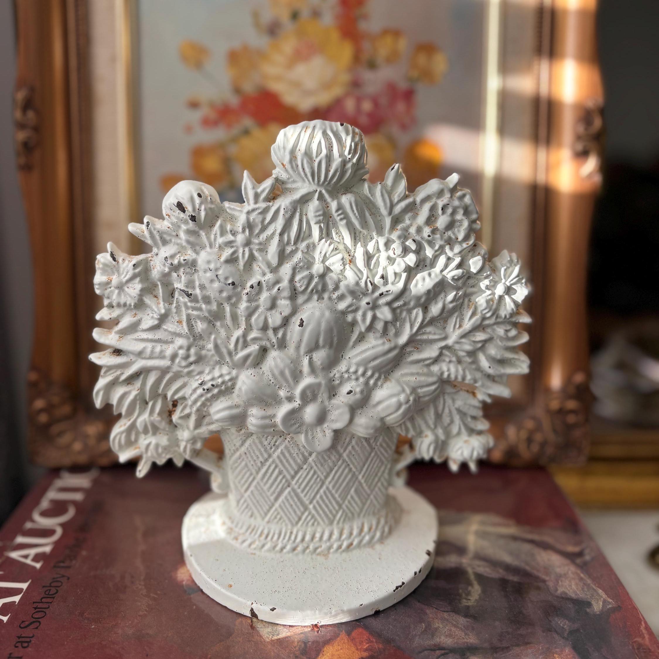 Vintage Cast Iron Flower Basket Doorstop Distressed White Shabby Chic Cottage Farmhouse Decor