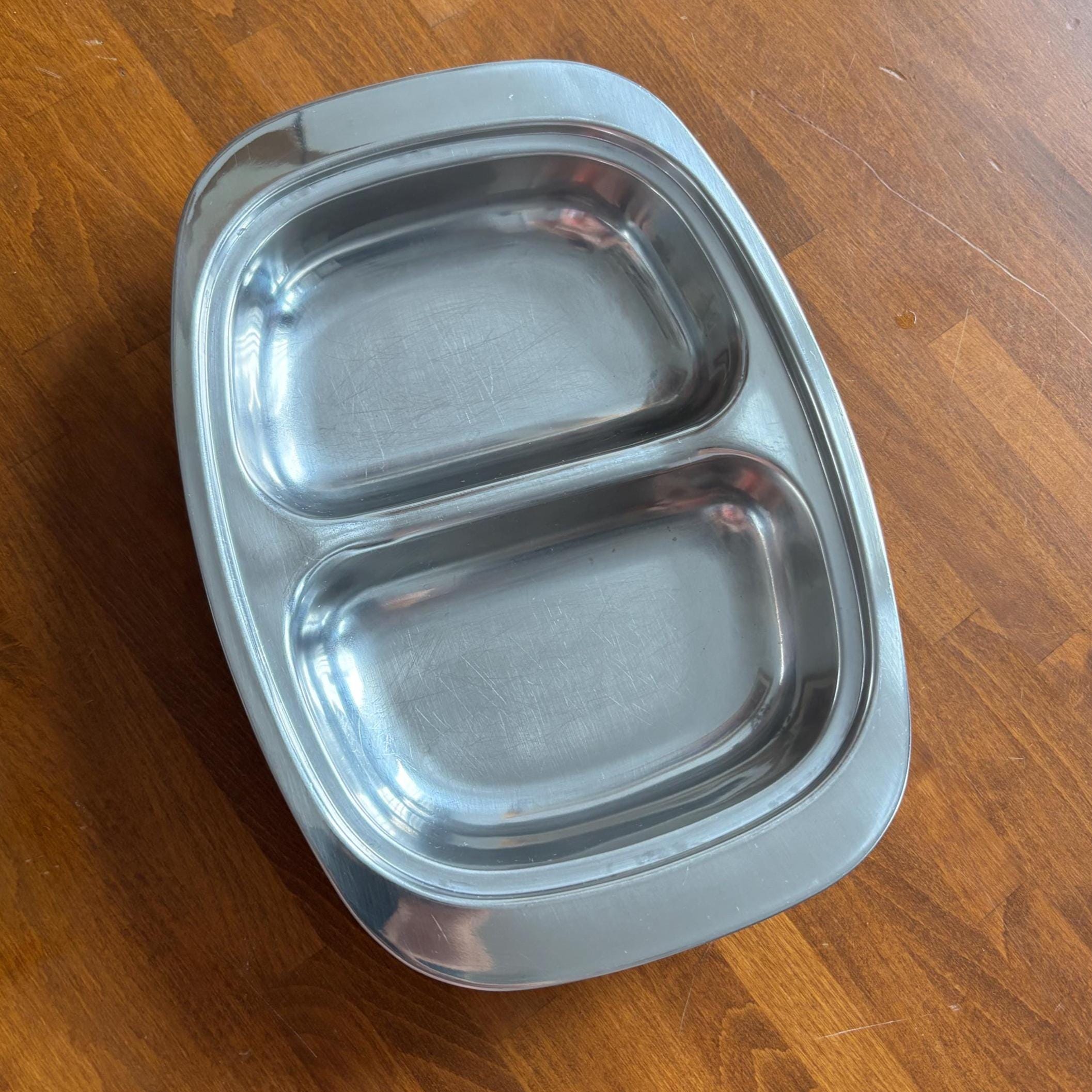Vintage Stainless Steel Lidded Divided Serving Dish, Hong Kong, 2 Compartment Buffet Server