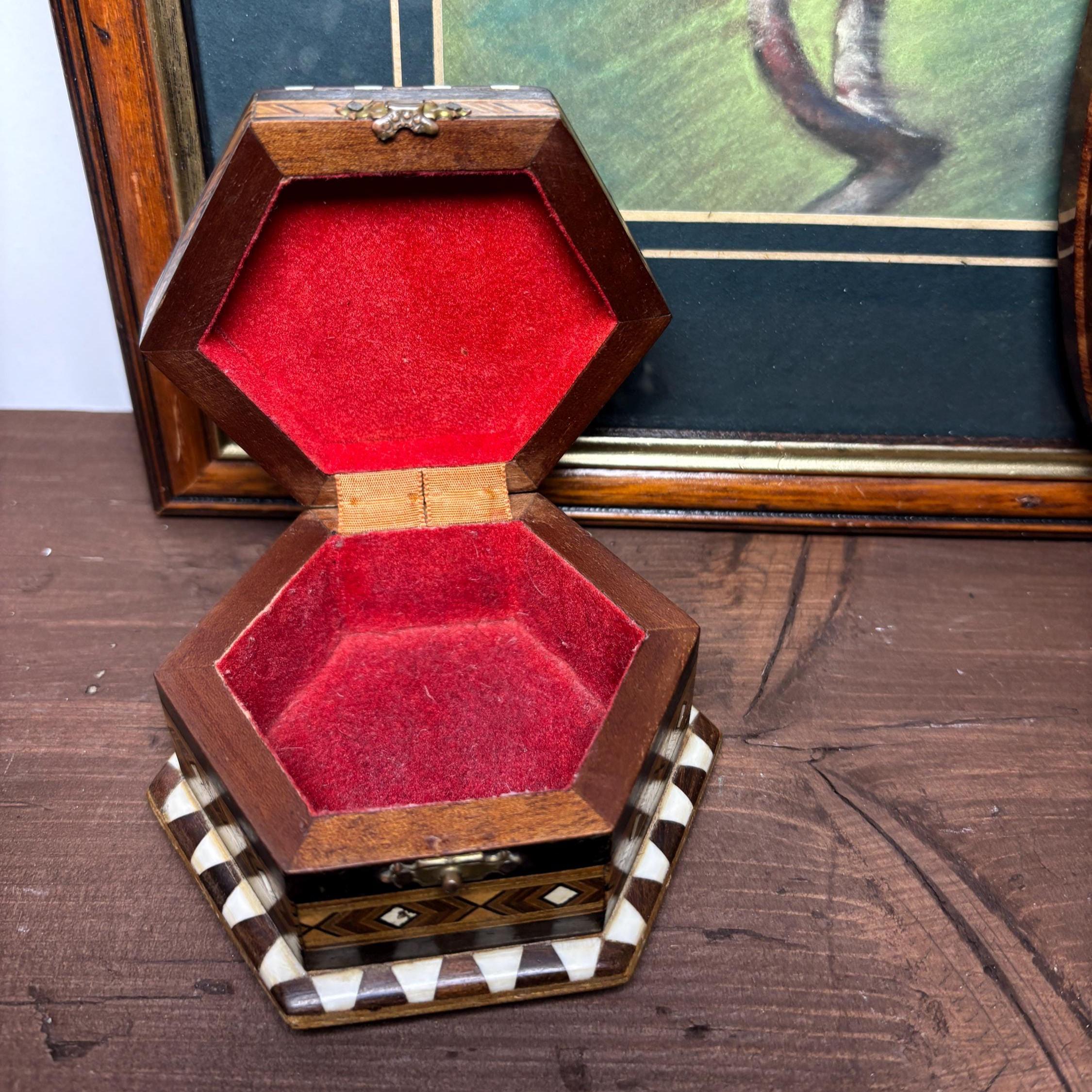 Vintage Spanish Marquetry Jewelry Box Tossa de Mar Costa Brava Wood Mosaic Hexagon