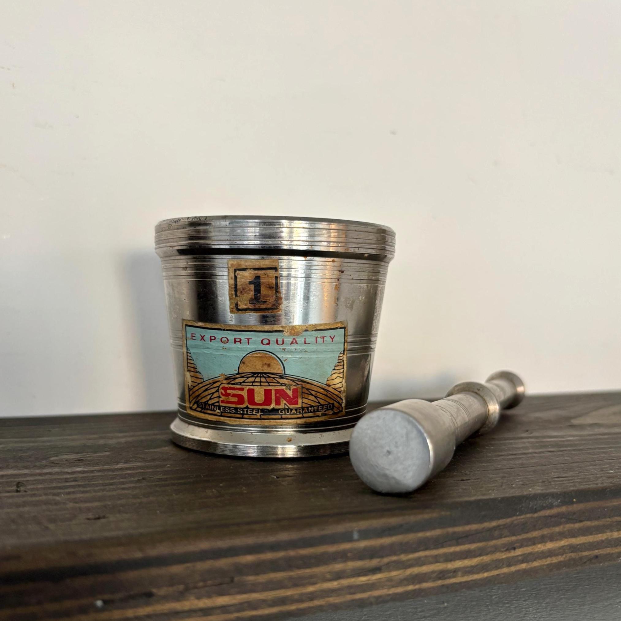 Vintage “SUN” Stainless Steel Mortar and Pestle | Mini Spice Grinder with Original Export Label