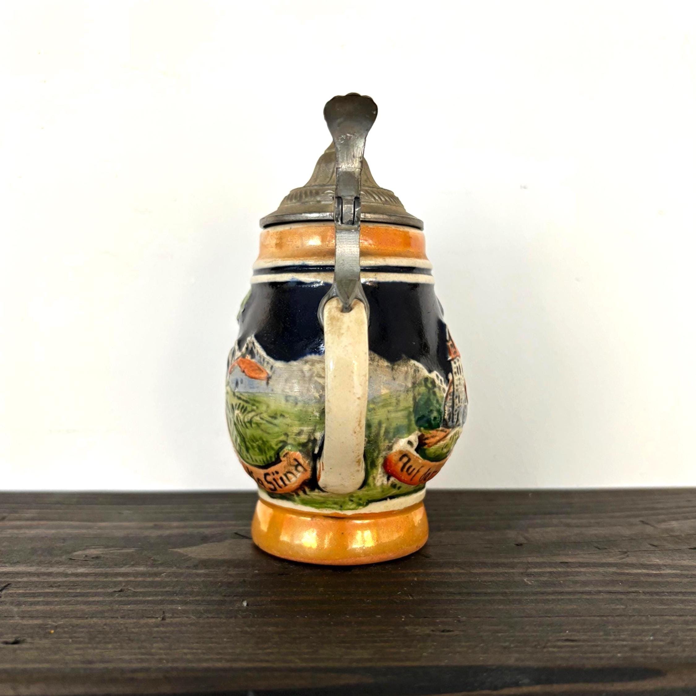 Small Vintage German Beer Stein with Pewter Lid | Hand-Painted Tavern Scene