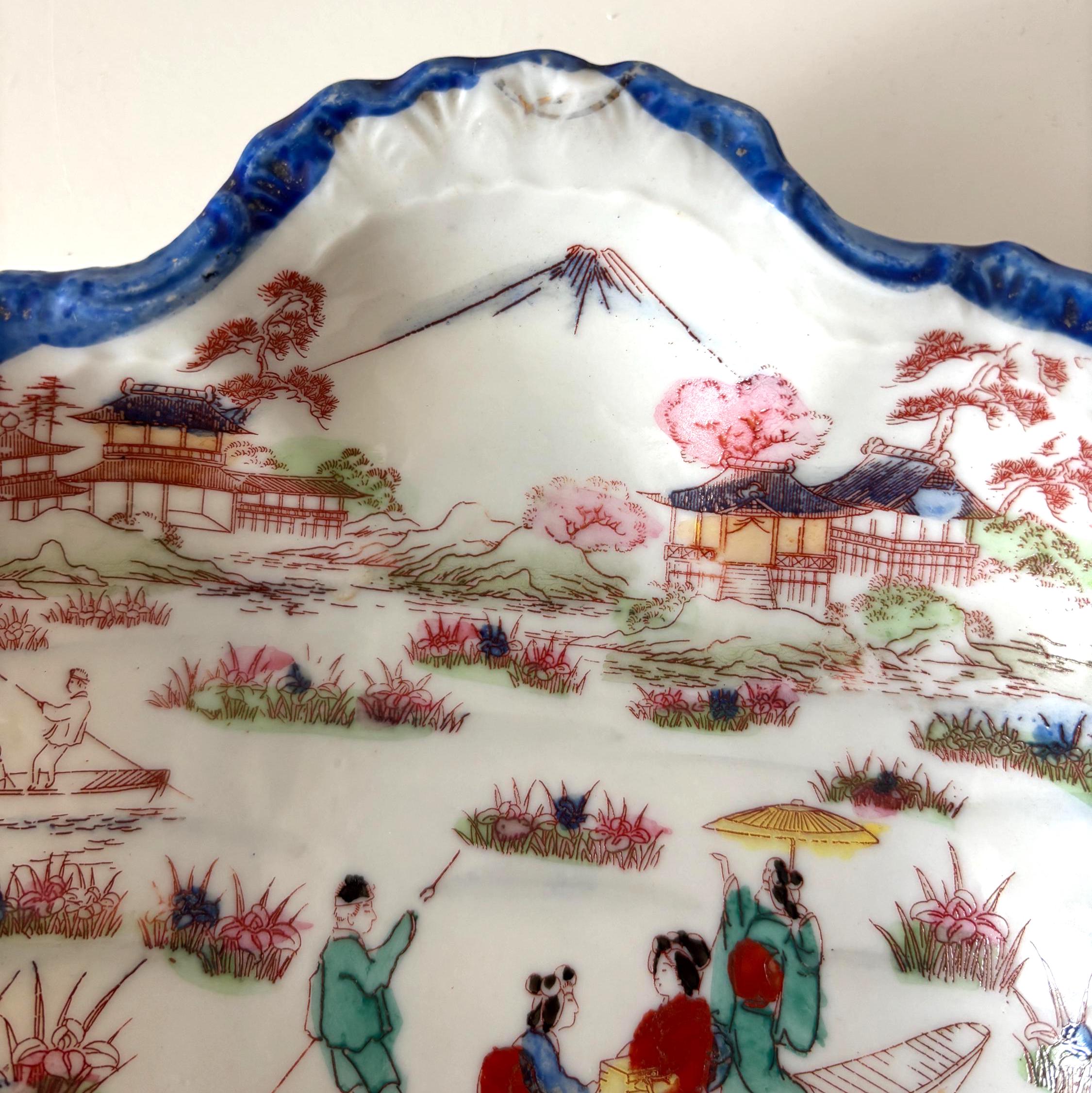 Vintage Japan Porcelain Dish Scenic Geisha Boat Mount Fuji Bowl