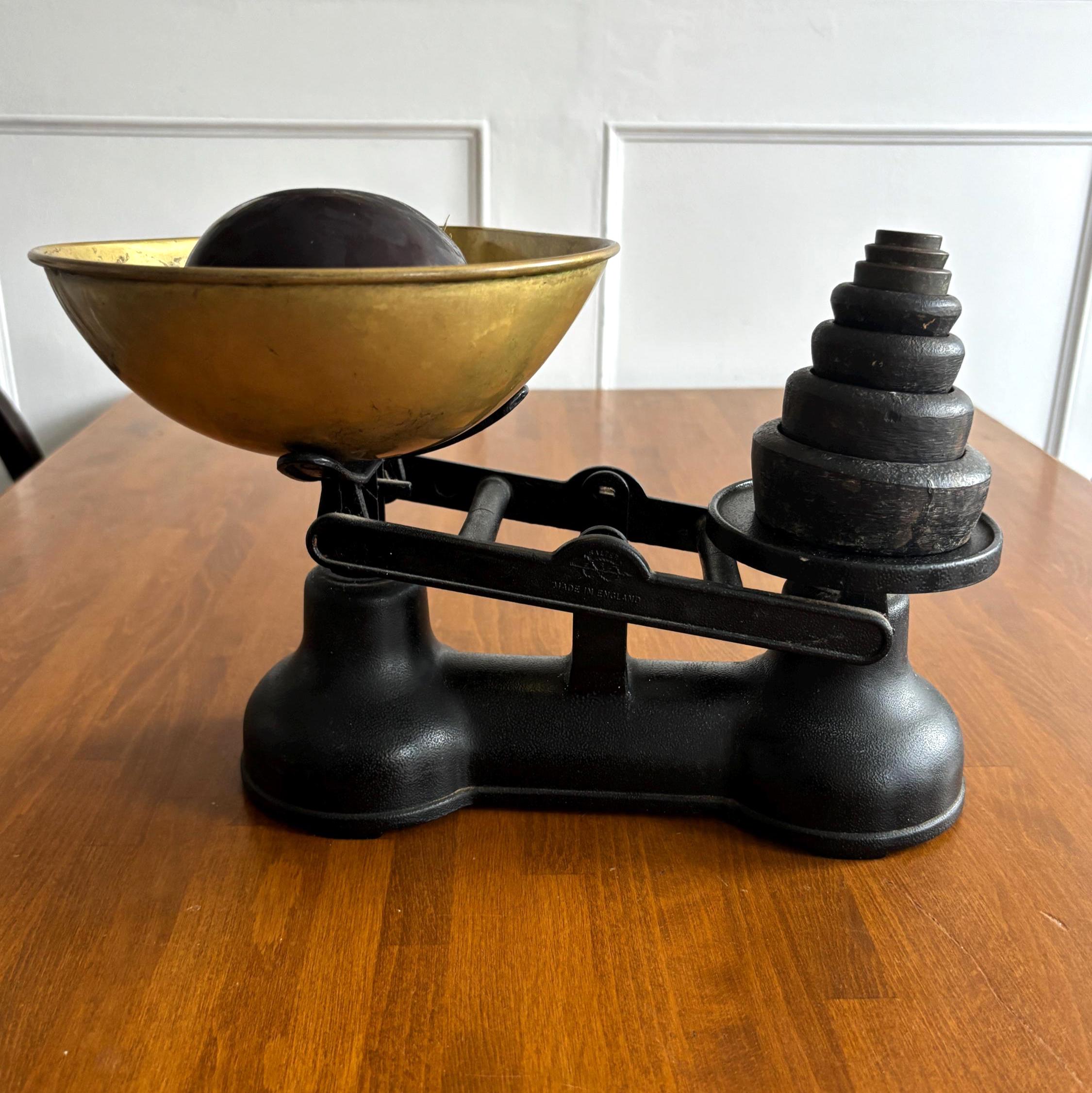 Vintage Salter Staffordshire Kitchen Scales with Brass Bowl & Weights