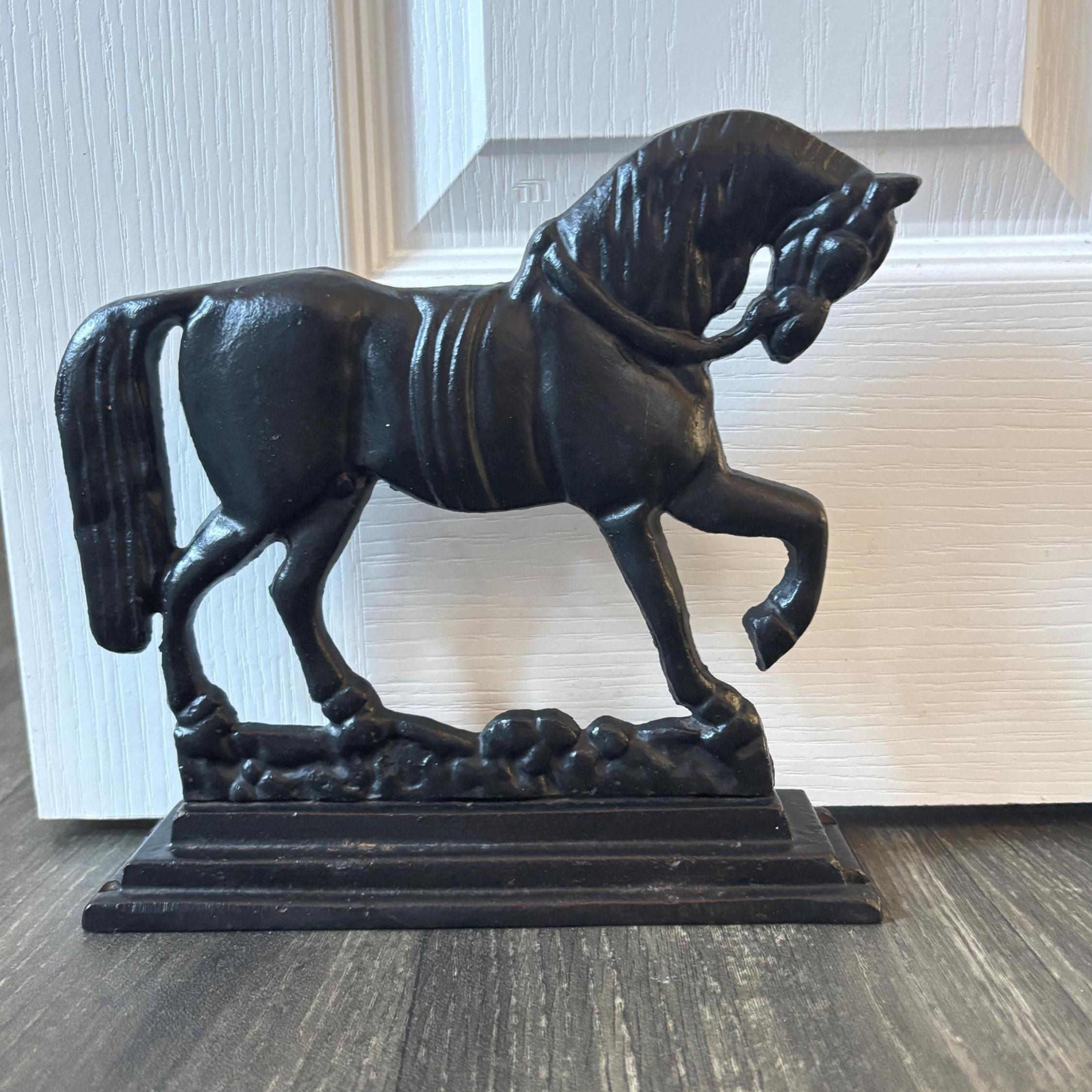 Vintage Cast Iron Prancing Horse Doorstop Black Equestrian Farmhouse Country Decor Heavy