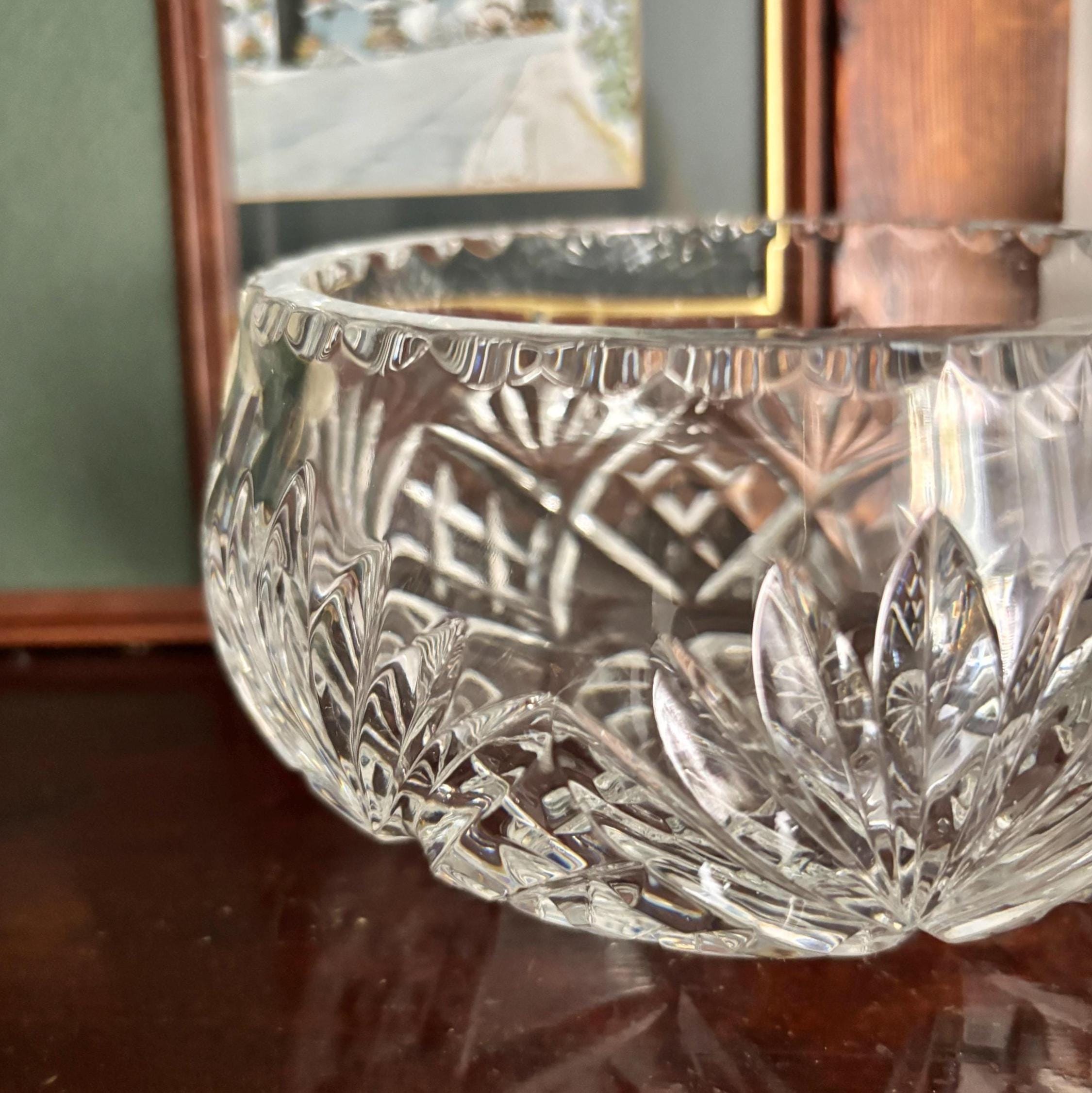 Vintage Russian Lead Crystal Flower Frog Bowl With Metal Grid Hand Cut Crystal Centrepiece