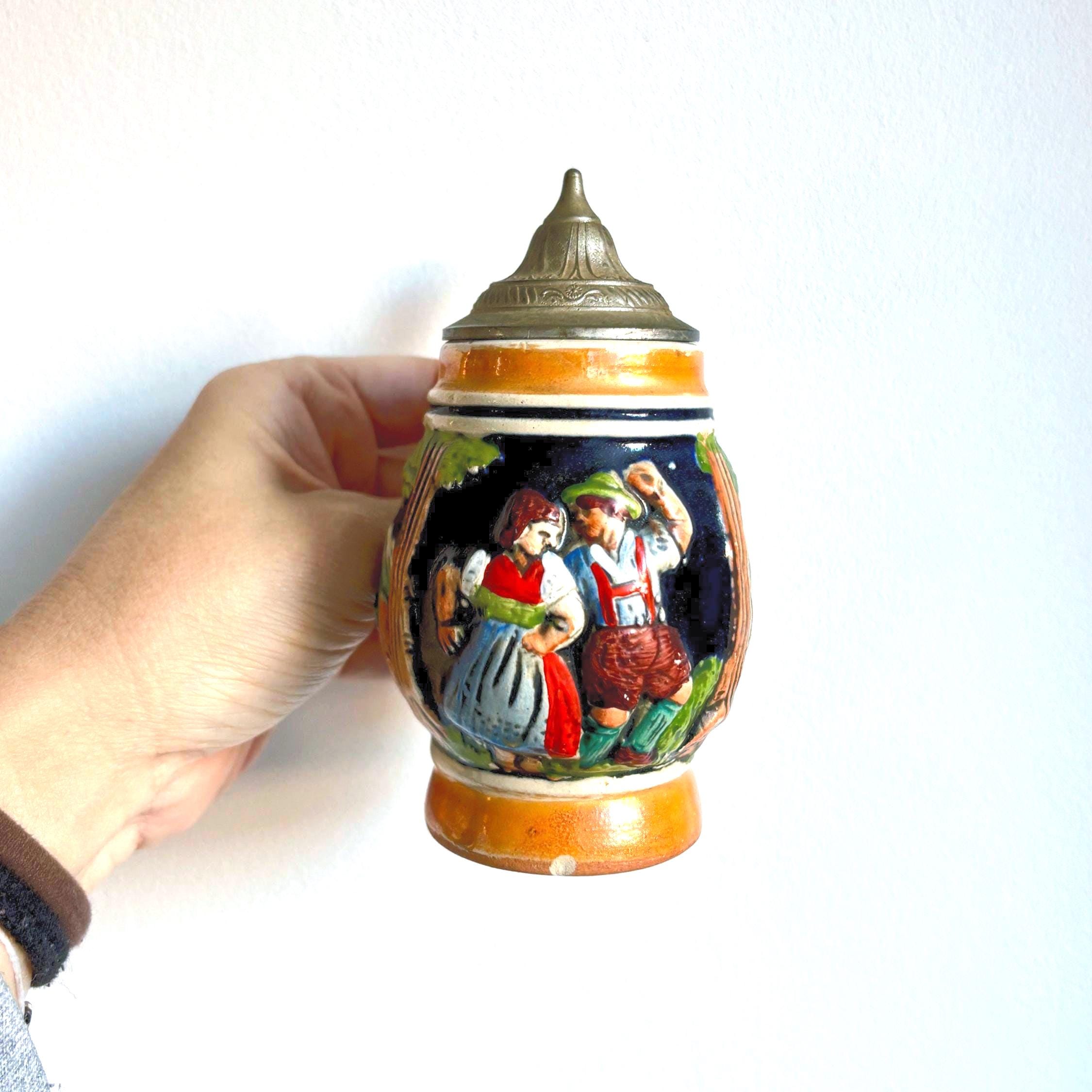 Small Vintage German Beer Stein with Pewter Lid | Hand-Painted Tavern Scene