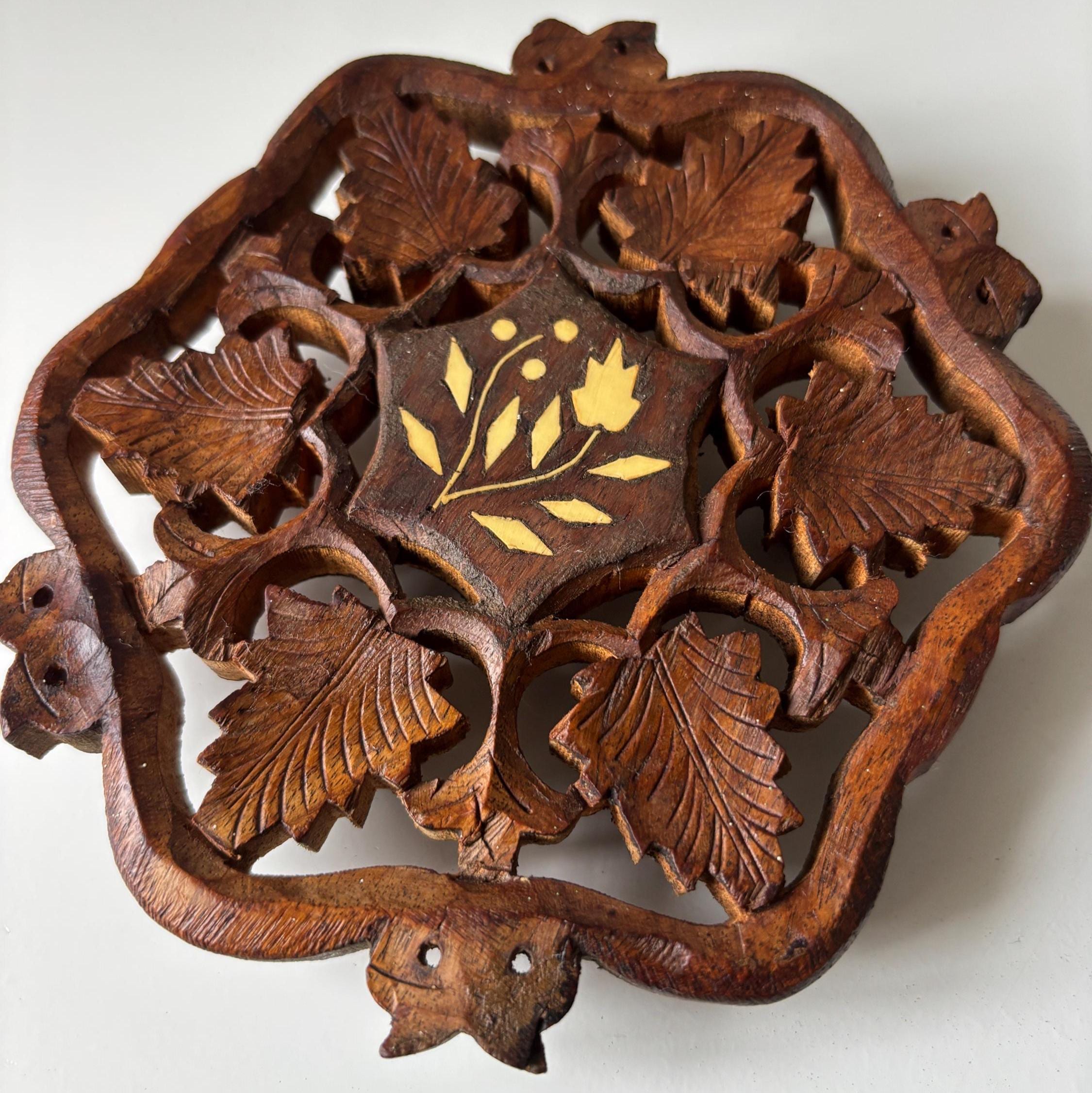 Vintage Hand Carved Wooden Trivet With Bone Inlay Grapevine Leaf Pot Stand Decor