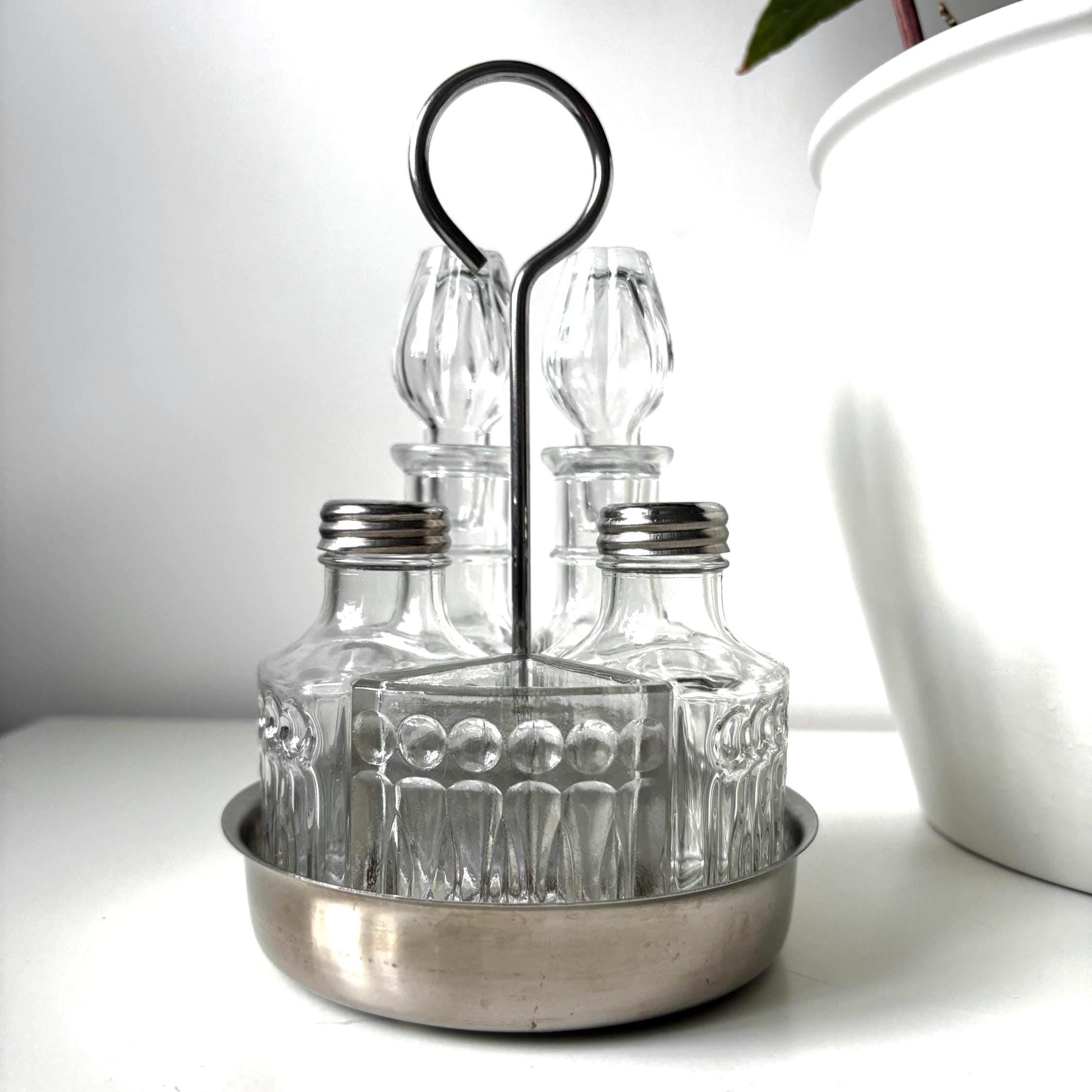 Vintage 5pc Cruet Set INOX 18/8 Stand Oil Vinegar Salt Pepper Toothpick Holder