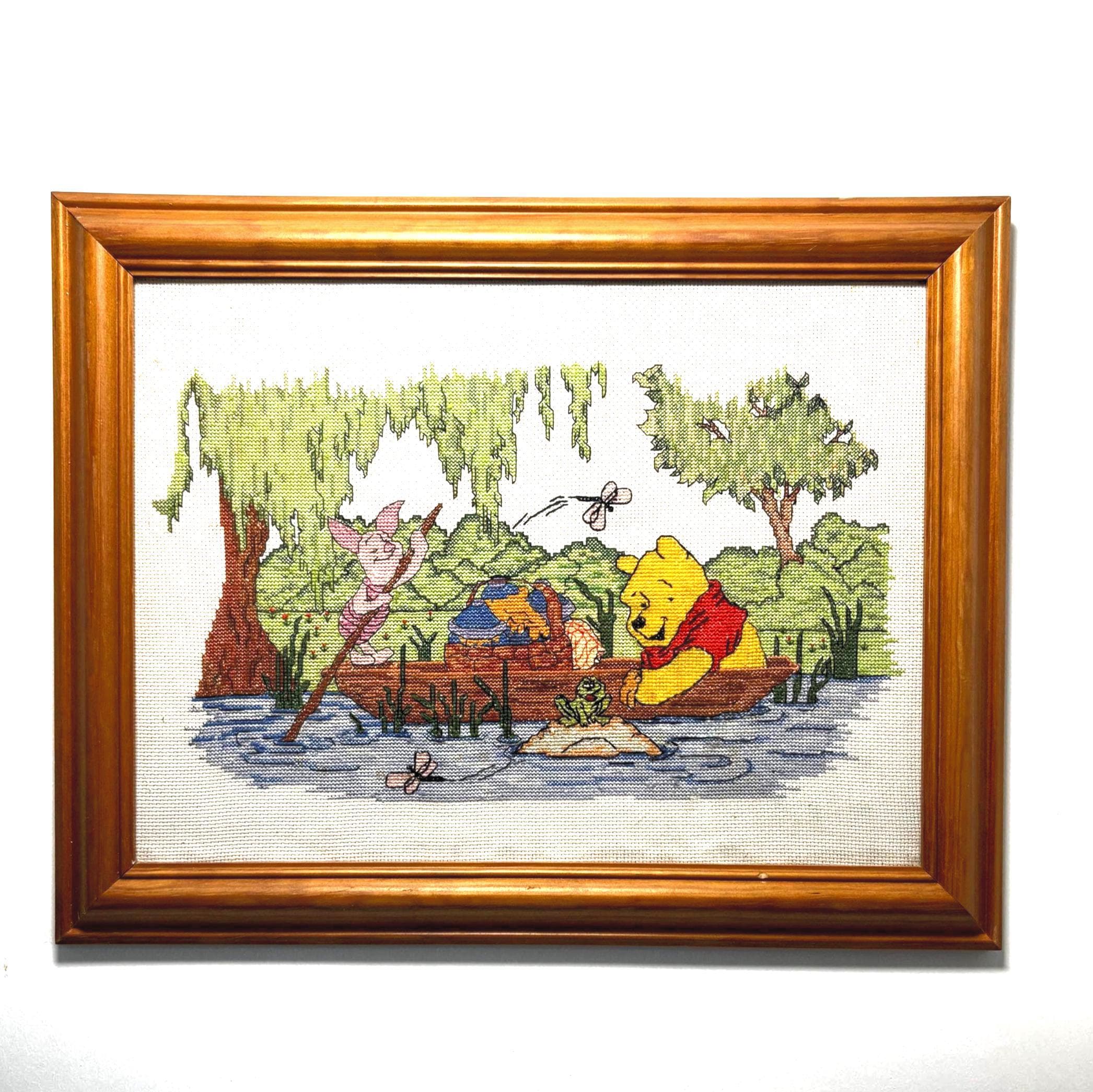 Vintage Framed Winnie the Pooh Cross Stitch Embroidery Nursery Wall Art Piglet Boat Scene