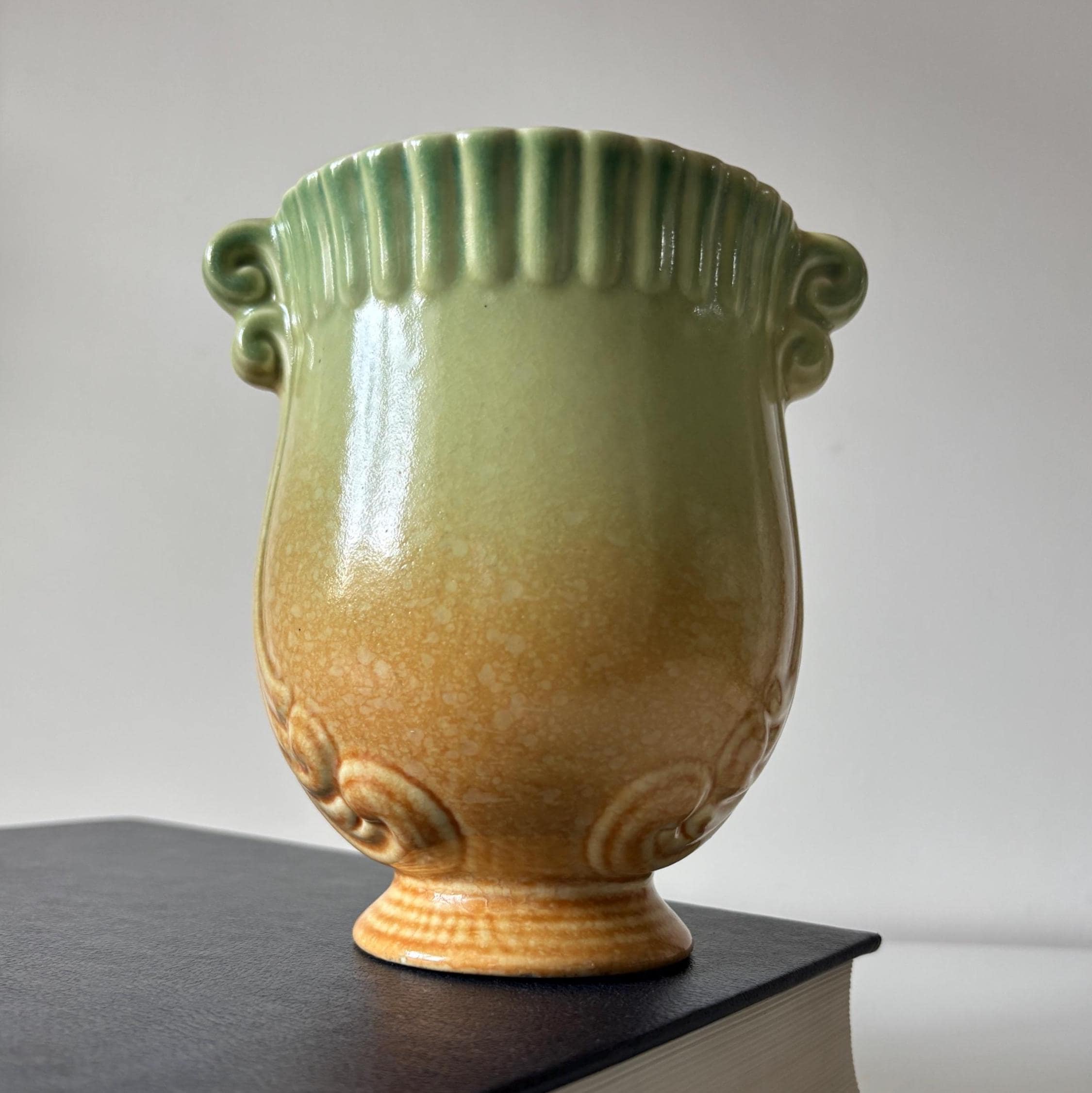 Vintage Crown Devon Art Deco Urn Vase Green Ochre Drip Glaze English Pottery