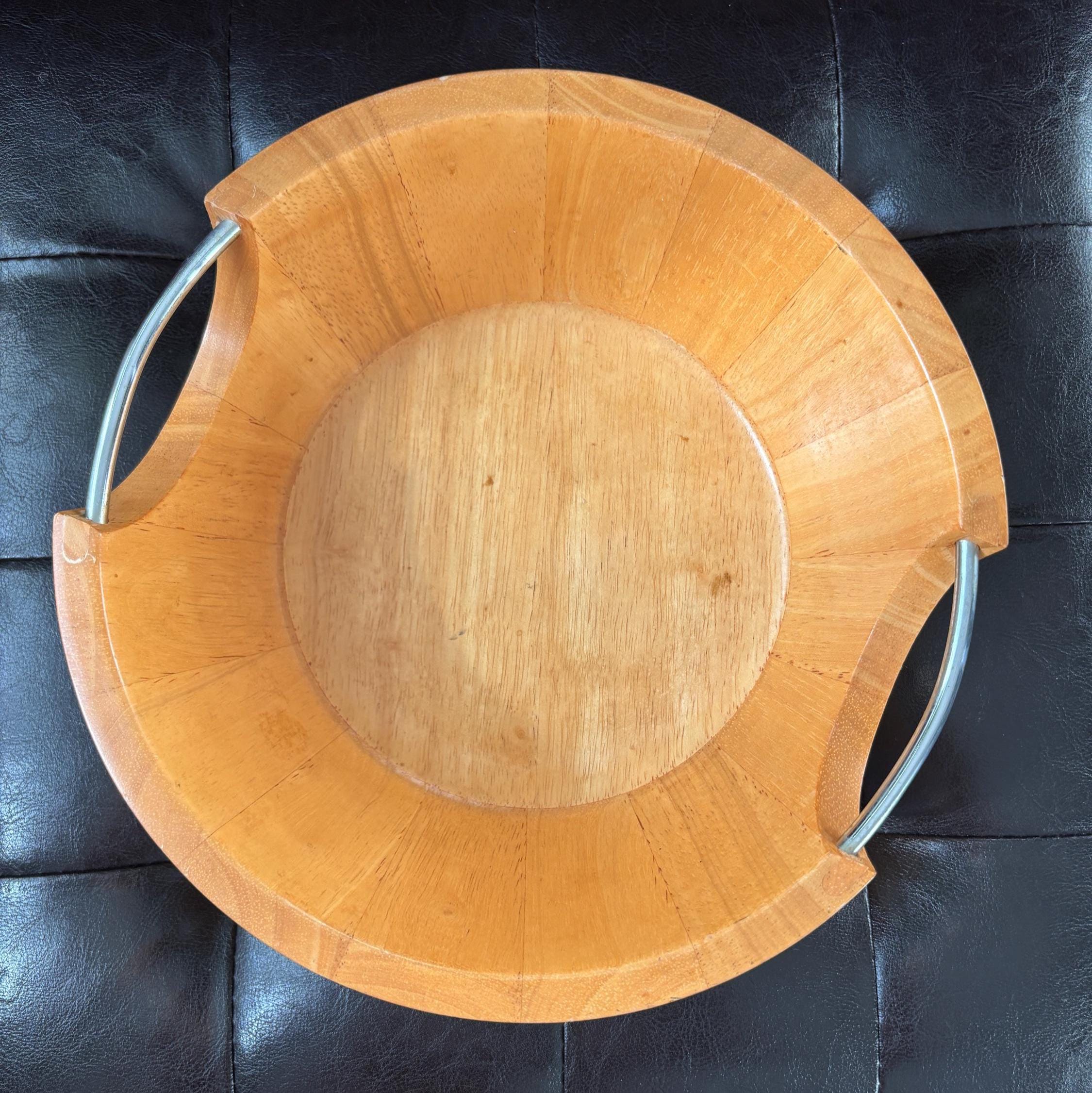 Vintage Wooden Salad Bowl with Chrome Handles | Mid Century Modern Serving Bowl