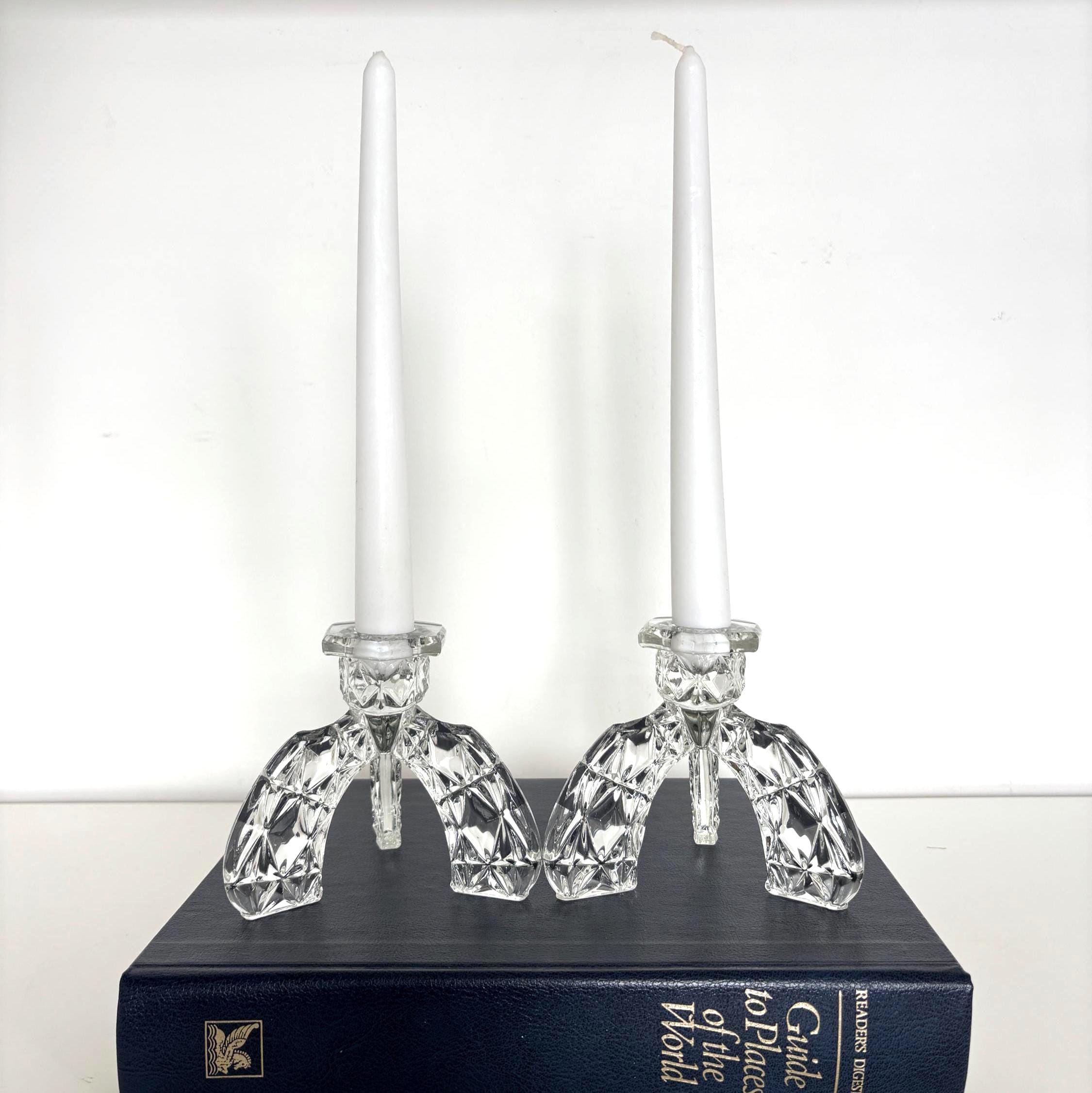 Vintage Glass Candlesticks Pair Art Deco Style Tripod Candle Holders Crystal Cut Design Decor