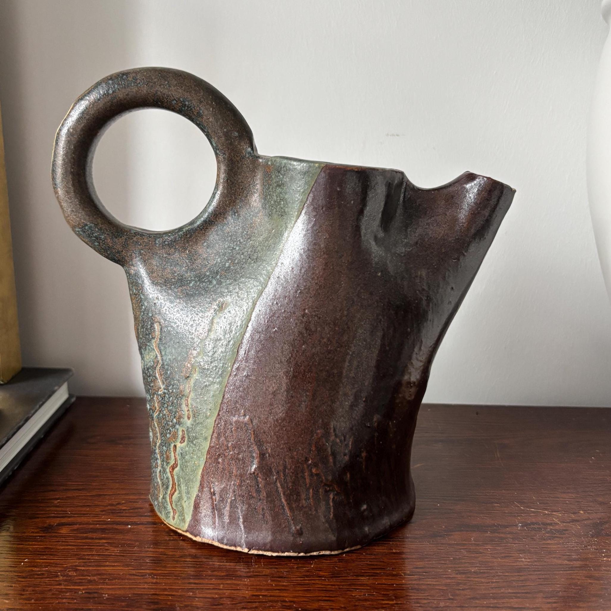 Vintage Studio Pottery Jug Sculptural Ceramic Pitcher Mid Century Art Vase Rustic Decor