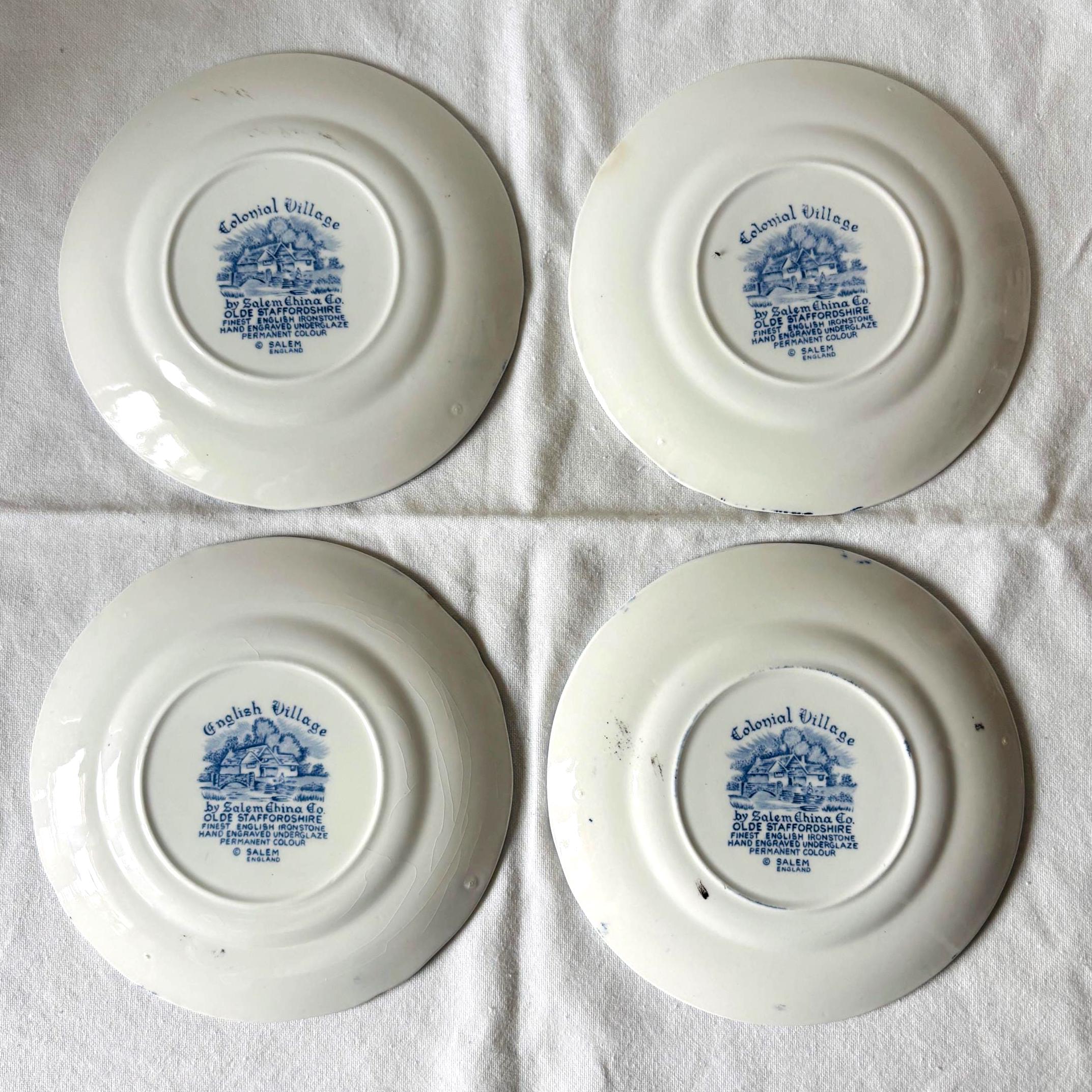 Vintage Colonial Village Tea Plates Set 4 Blue Staffordshire
