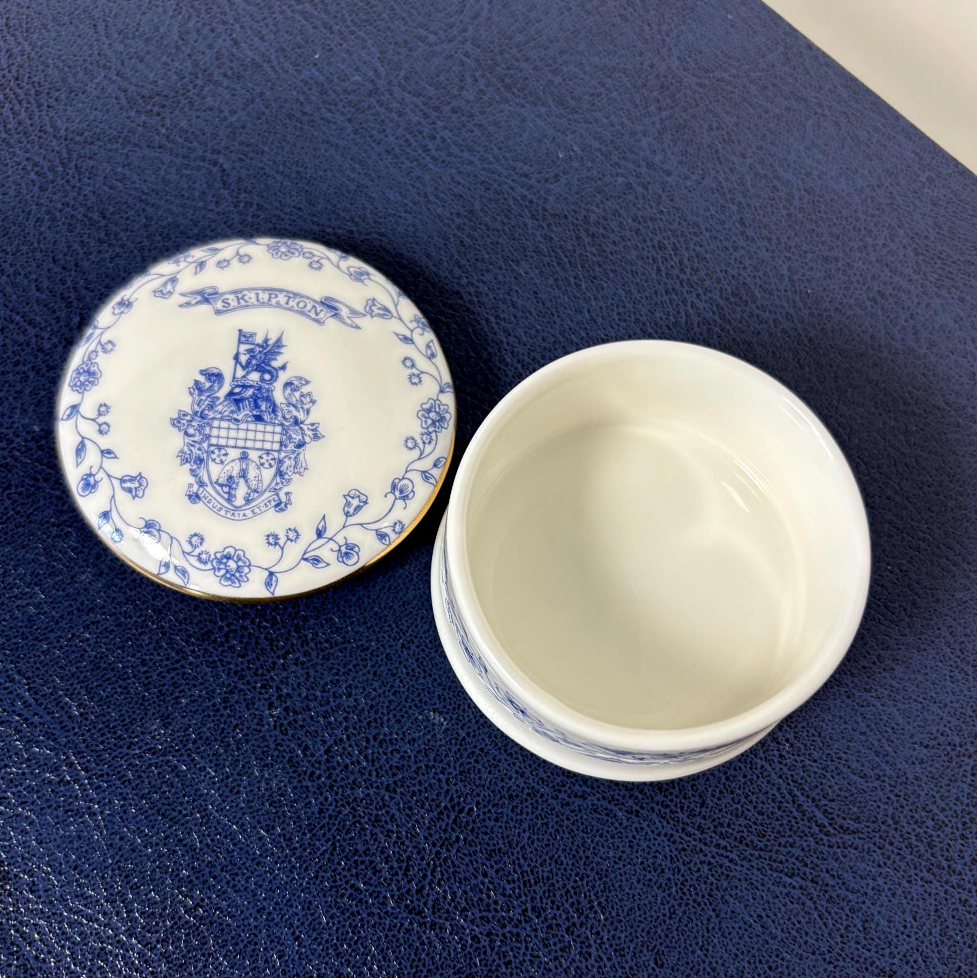 Vintage Skipton Bone China Trinket Box English Lidded Pot Blue White Floral Collectable