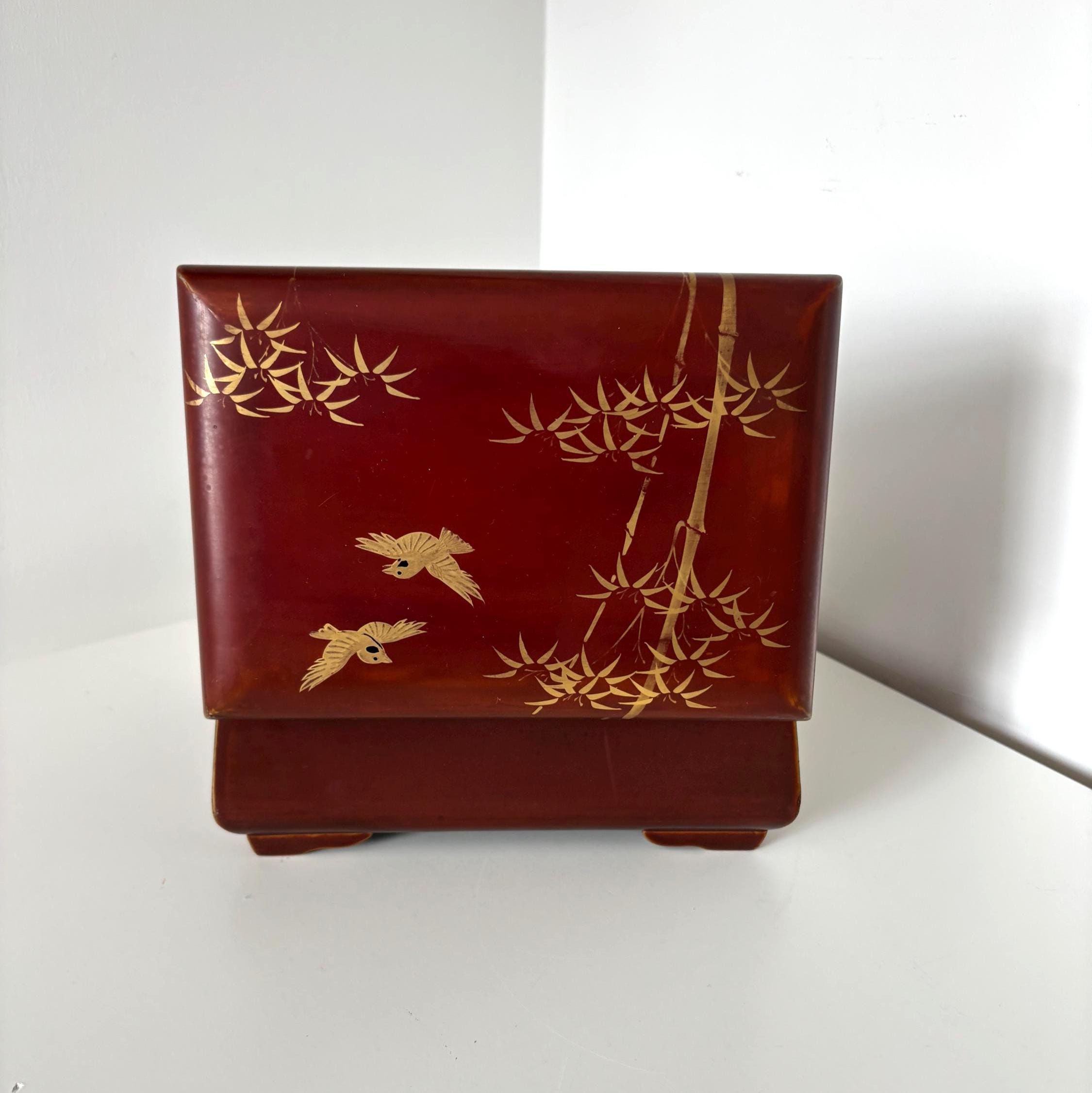 Vintage Musical Jewellery Box Daysun Hand Painted Lacquer Bamboo Bird Trinket Box