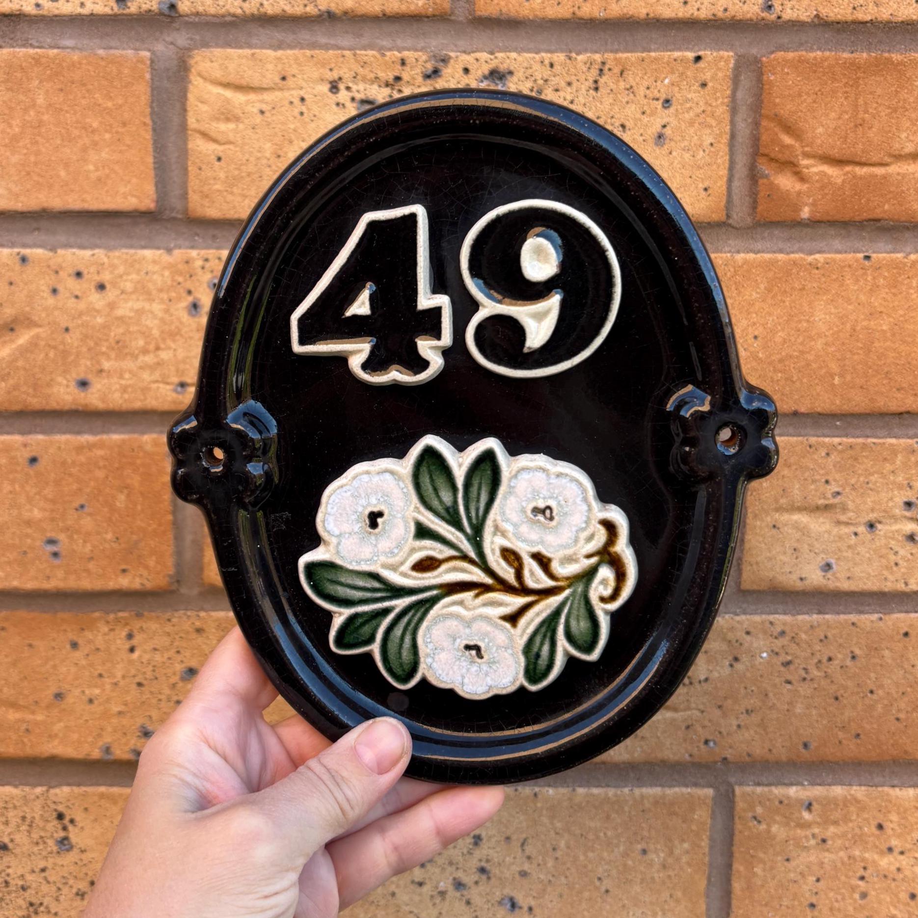 Vintage Ceramic House Number 49 Plaque Floral Door Number Sign Wall Hanging