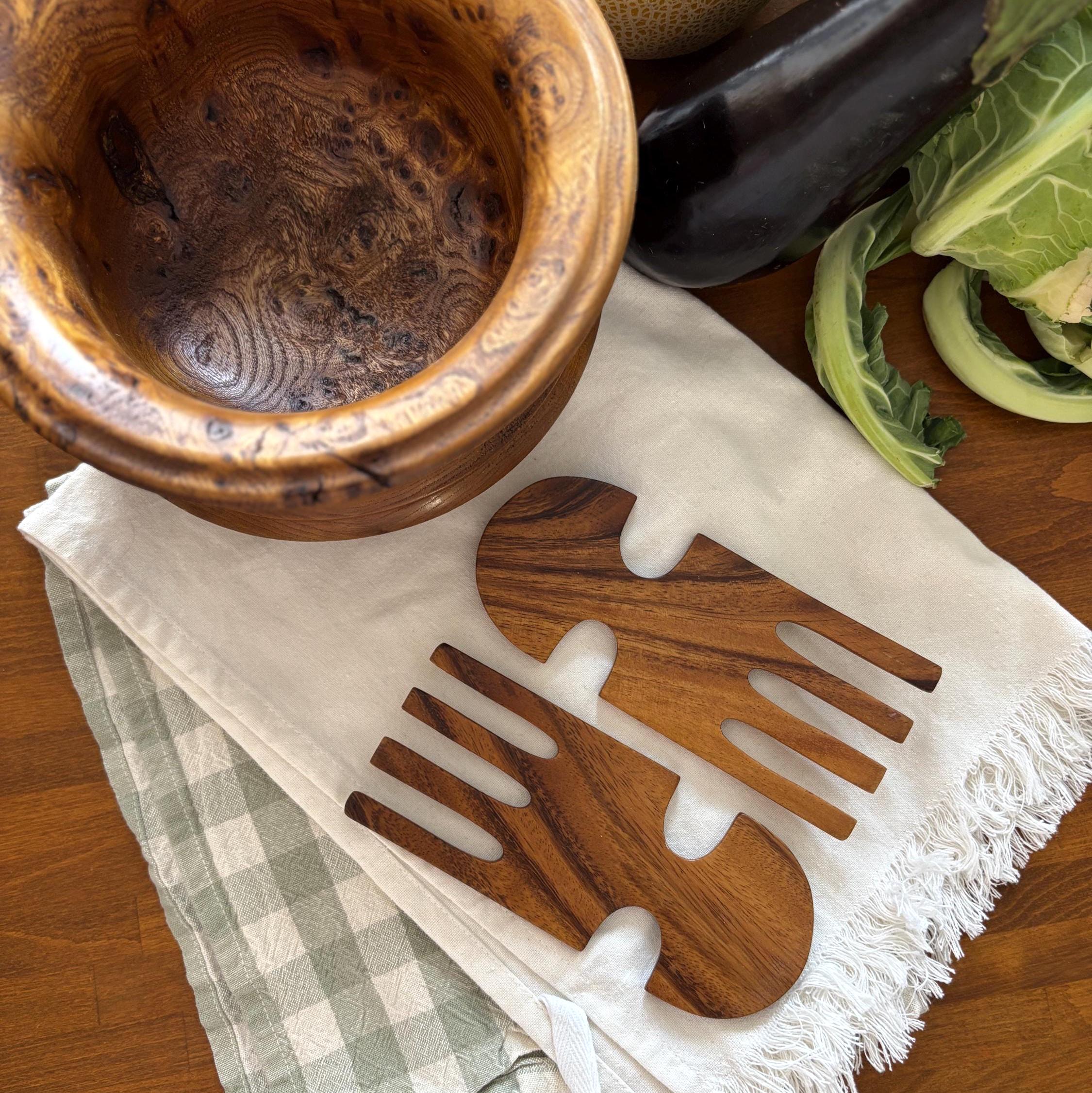 Vintage Burl Wood Salad Bowl Set Wooden Servers Rustic Farmhouse Kitchen Decor
