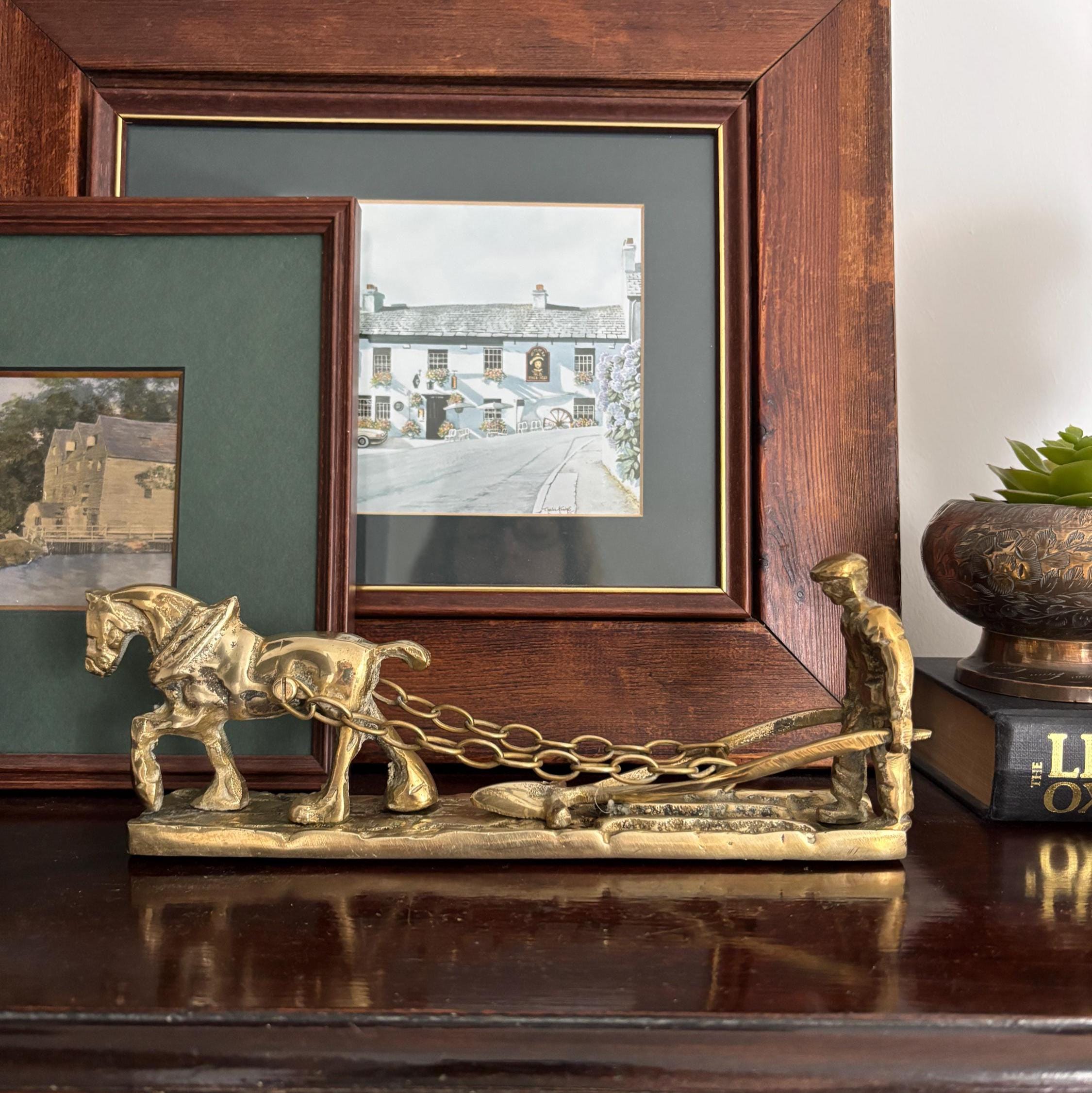 Vintage Solid Brass Horse Plough Sculpture Rustic Farm Decor Country Home Figurine