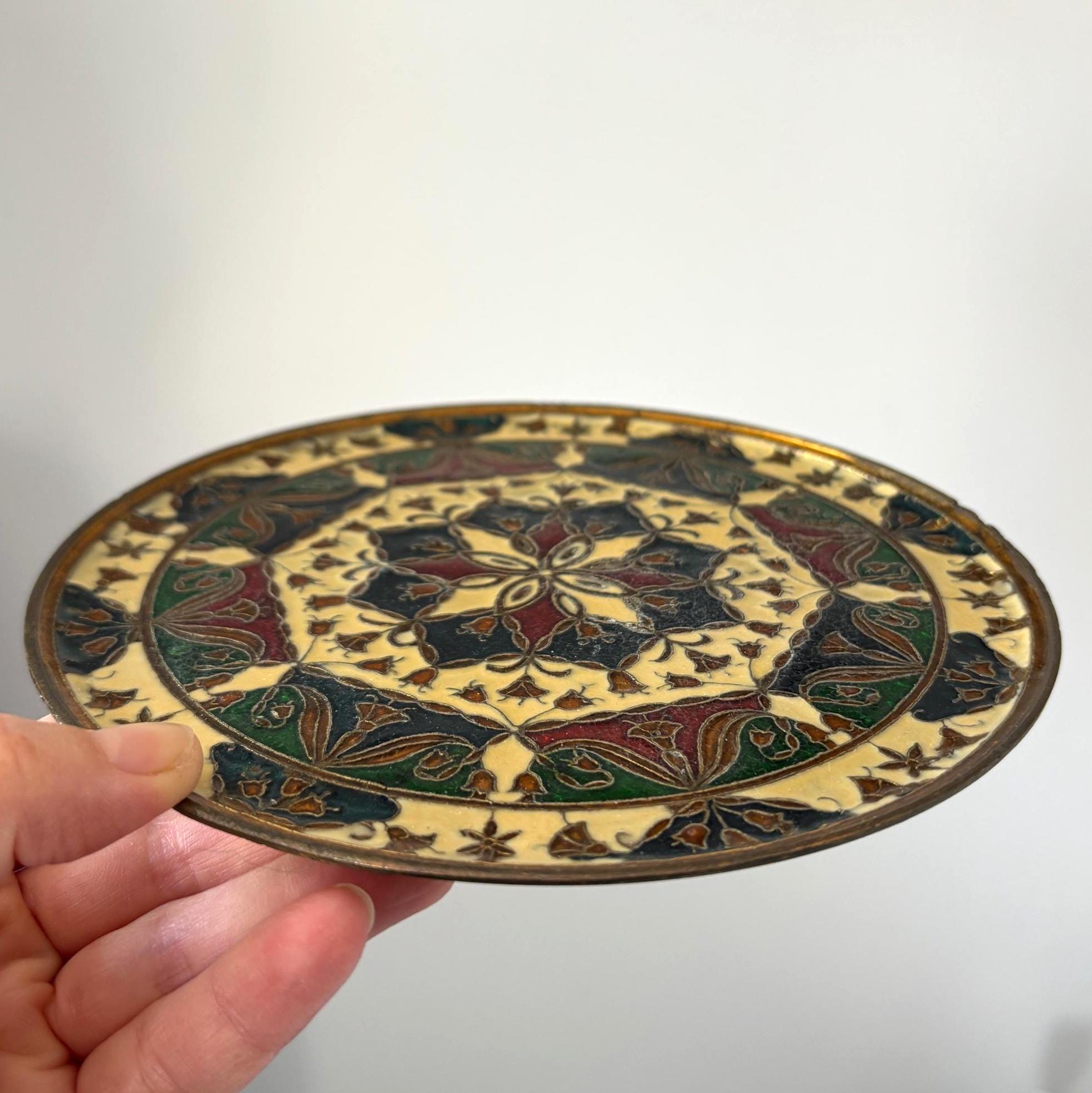 Vintage Brass Wall Plate Islamic Moorish Enamel Style Decorative Hanging Tray Boho Decor
