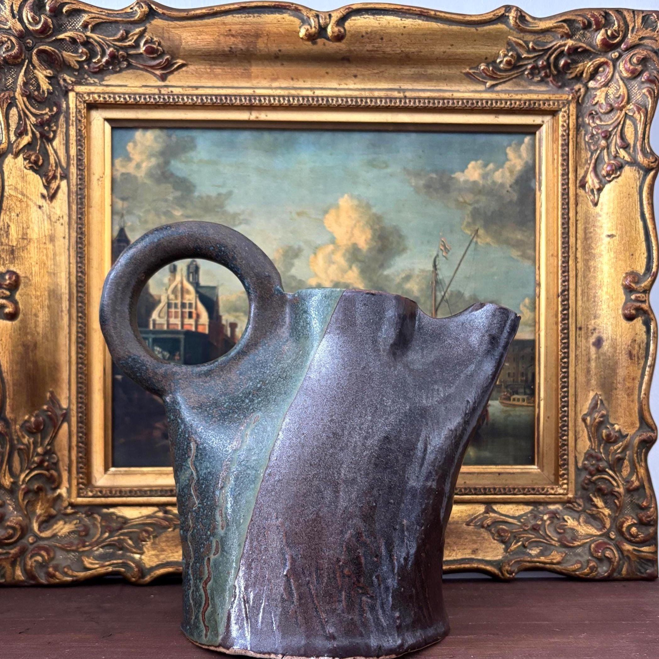 Vintage Studio Pottery Jug Sculptural Ceramic Pitcher Mid Century Art Vase Rustic Decor