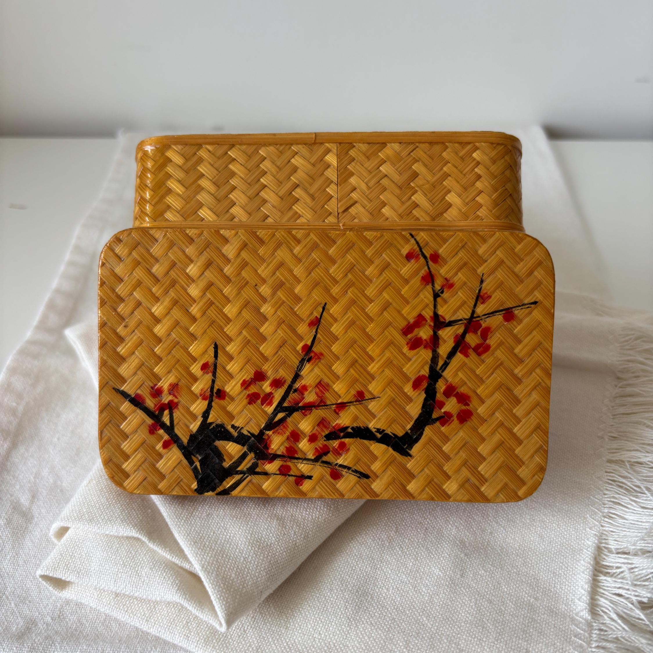 Vintage Chinese Bamboo Jewellery Box Red Velvet Interior Trinket Box With Mirror