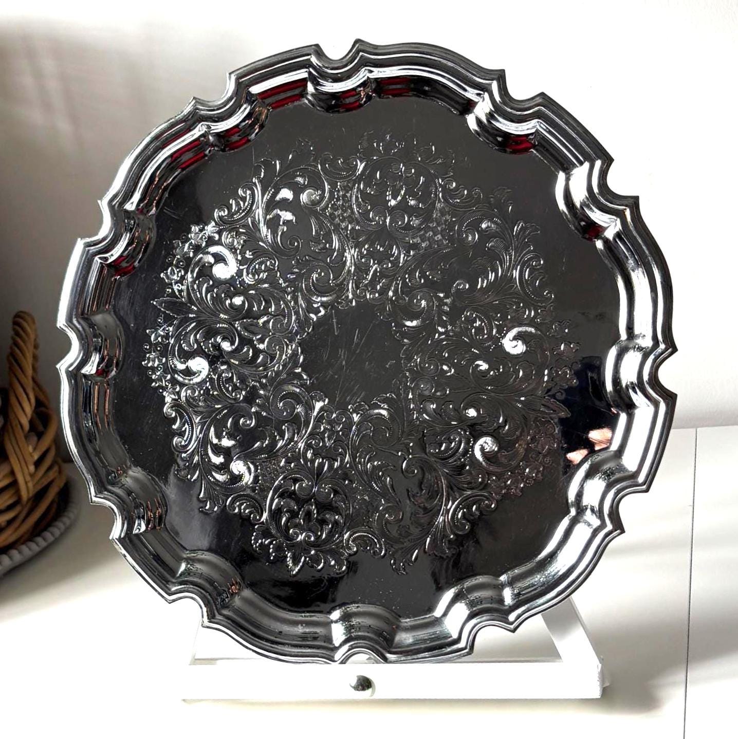 Vintage English Silver Plated Gallery Tray Ornate Scalloped Serving Tray Made in England Round