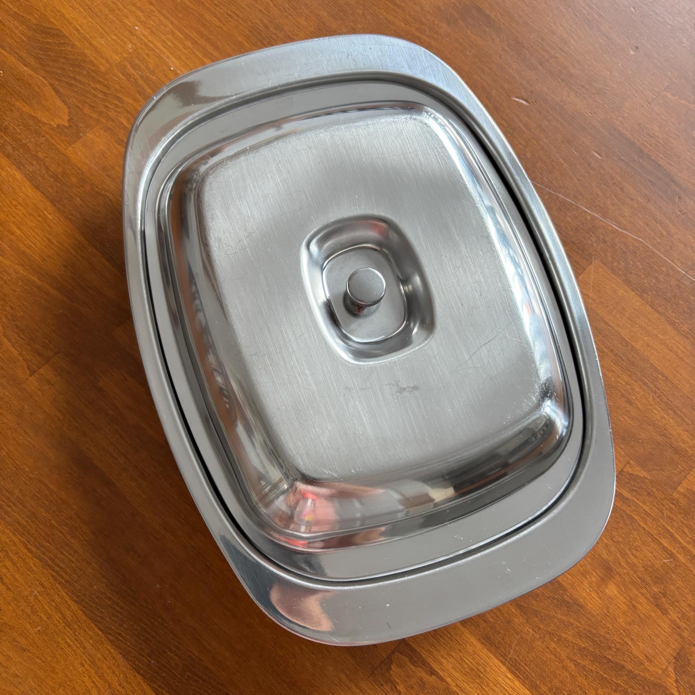 Vintage Stainless Steel Lidded Divided Serving Dish, Hong Kong, 2 Compartment Buffet Server