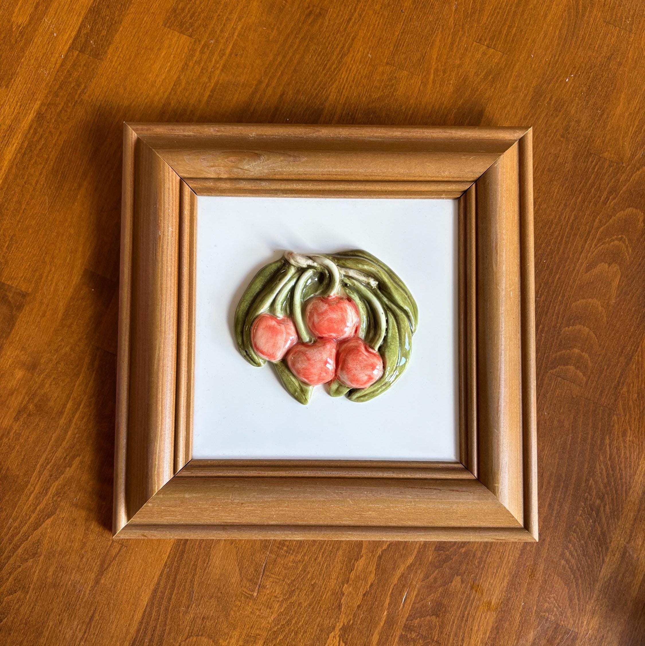 Vintage Framed Ceramic Fruit Tile Wall Art Kitchen Decor Japan Style