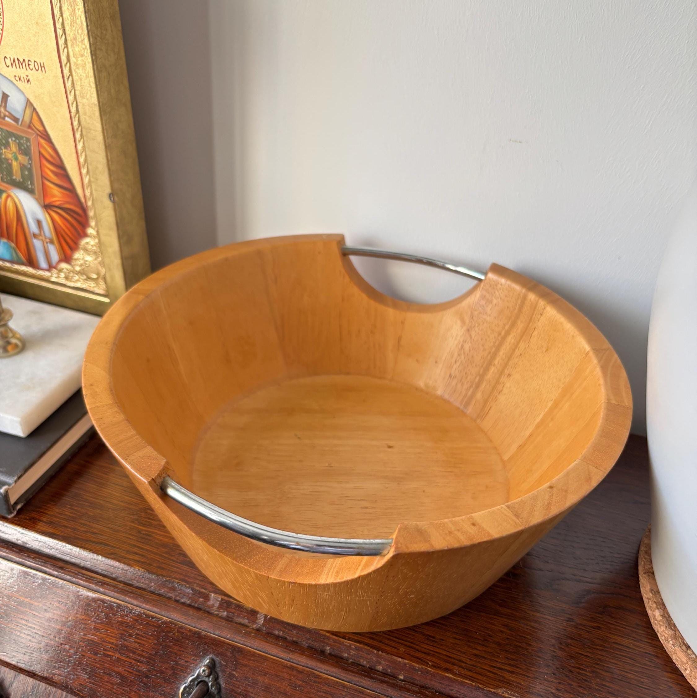 Vintage Wooden Salad Bowl with Chrome Handles | Mid Century Modern Serving Bowl