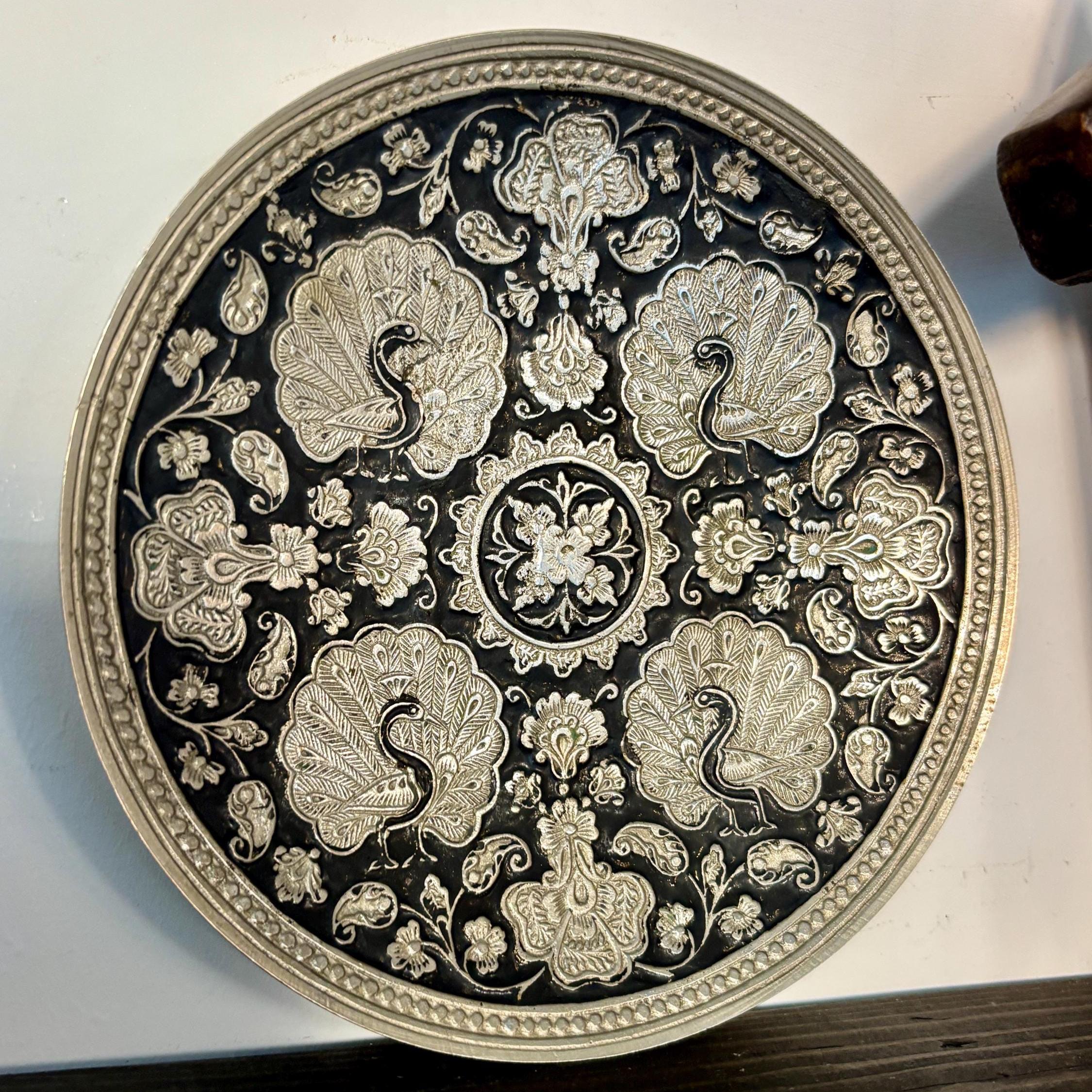Vintage Silver & Black Peacock Wall Plate | Embossed Metal Hanging Tray, Boho Wall Decor