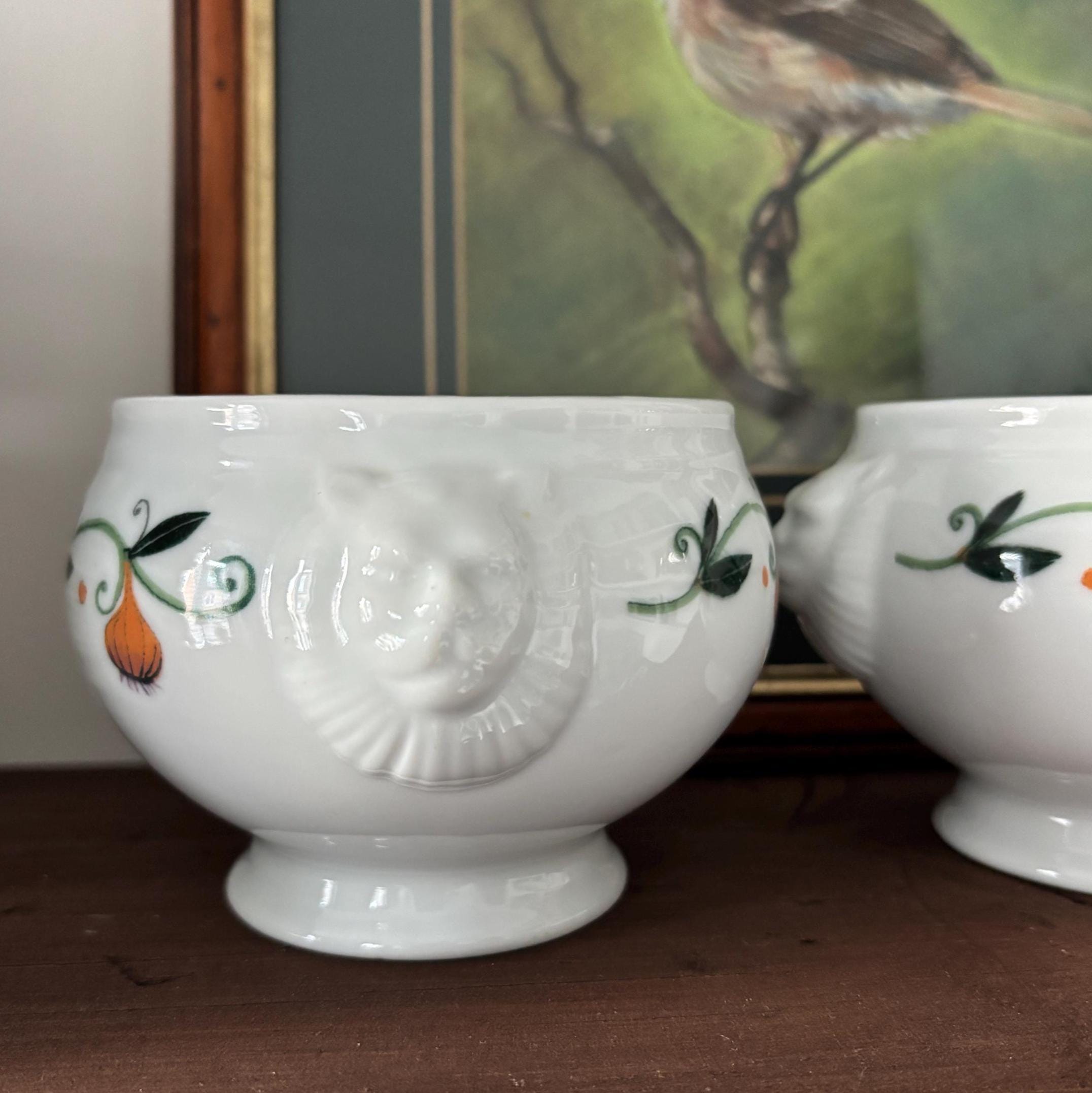 Pair Vintage White Ceramic Lion Head Bowls, Pedestal Foot, Hand-Painted Tureens