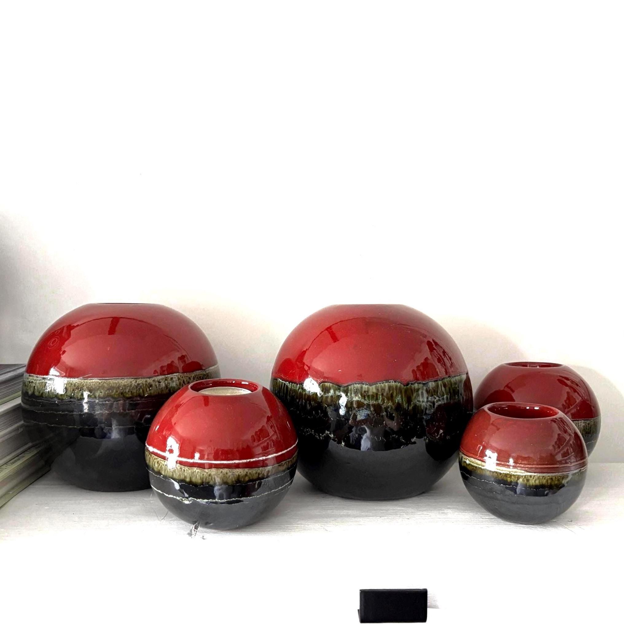 Vintage Portuguese Ceramic Candle Burners Set of 5 Red Black Glazed Tea-light Holders
