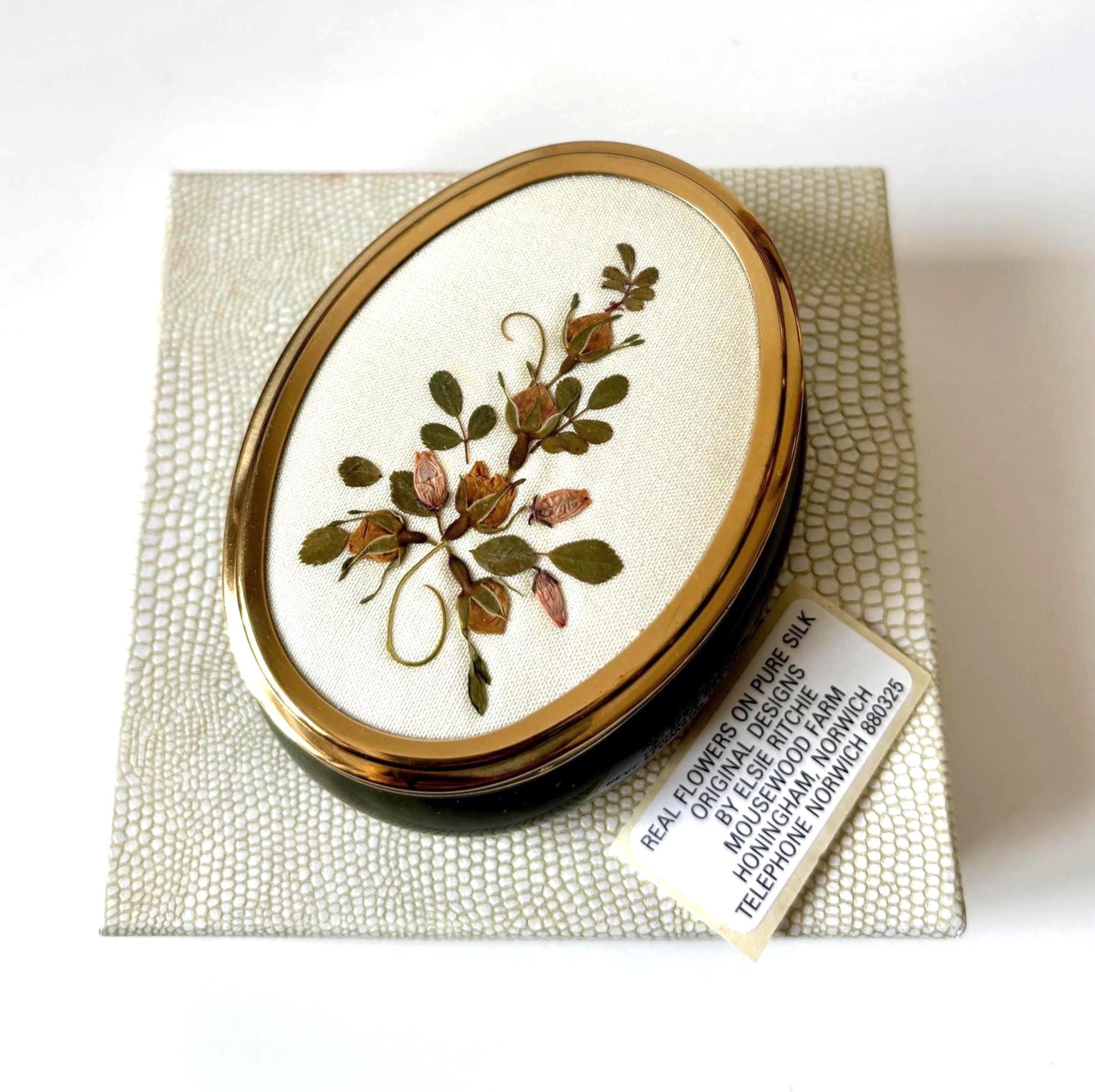 Vintage Ceramic Trinket Box: Pressed Flowers on Silk Lid