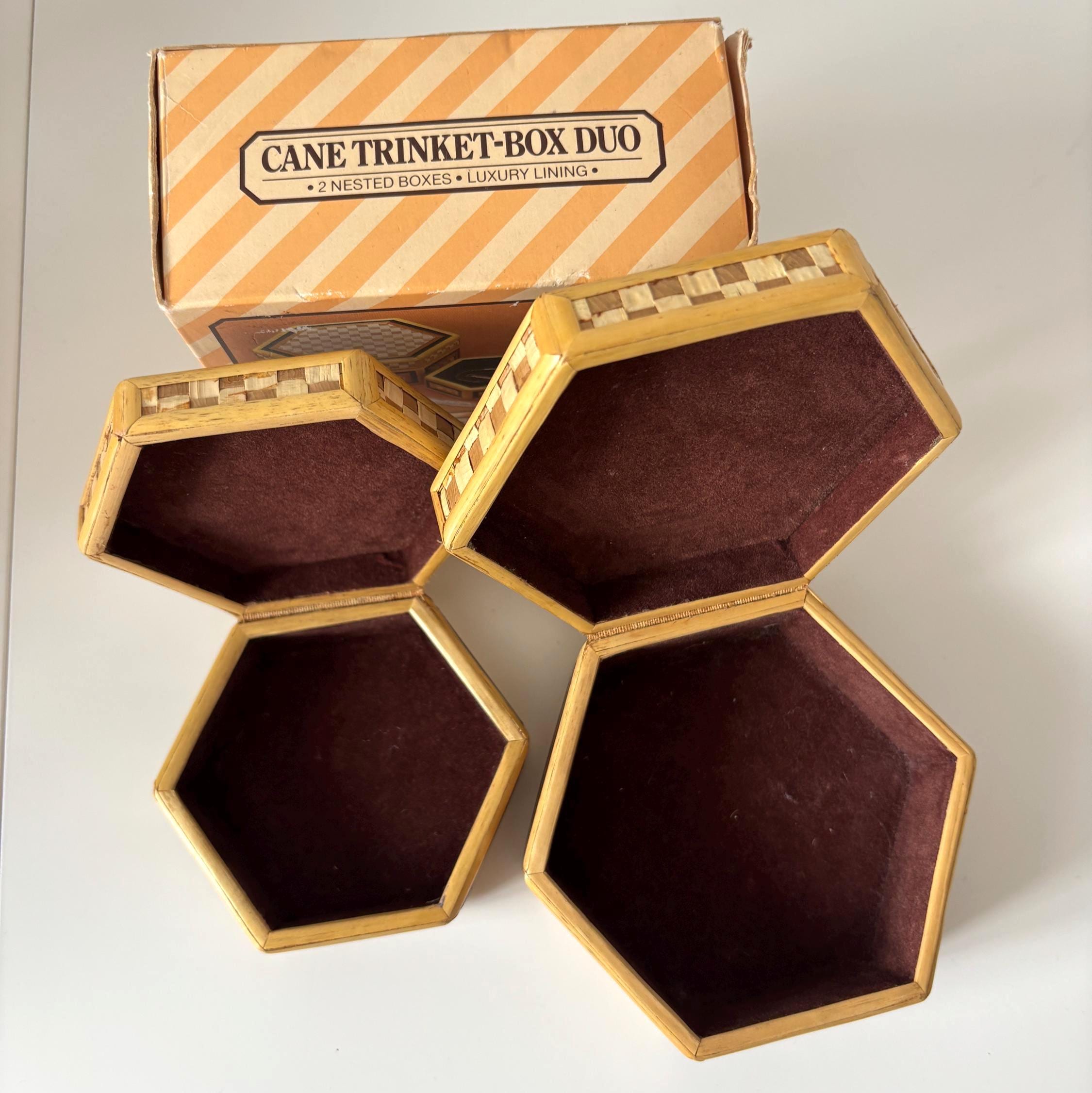 Vintage Cane Trinket Box Duo With Original Box And Velvet Lining