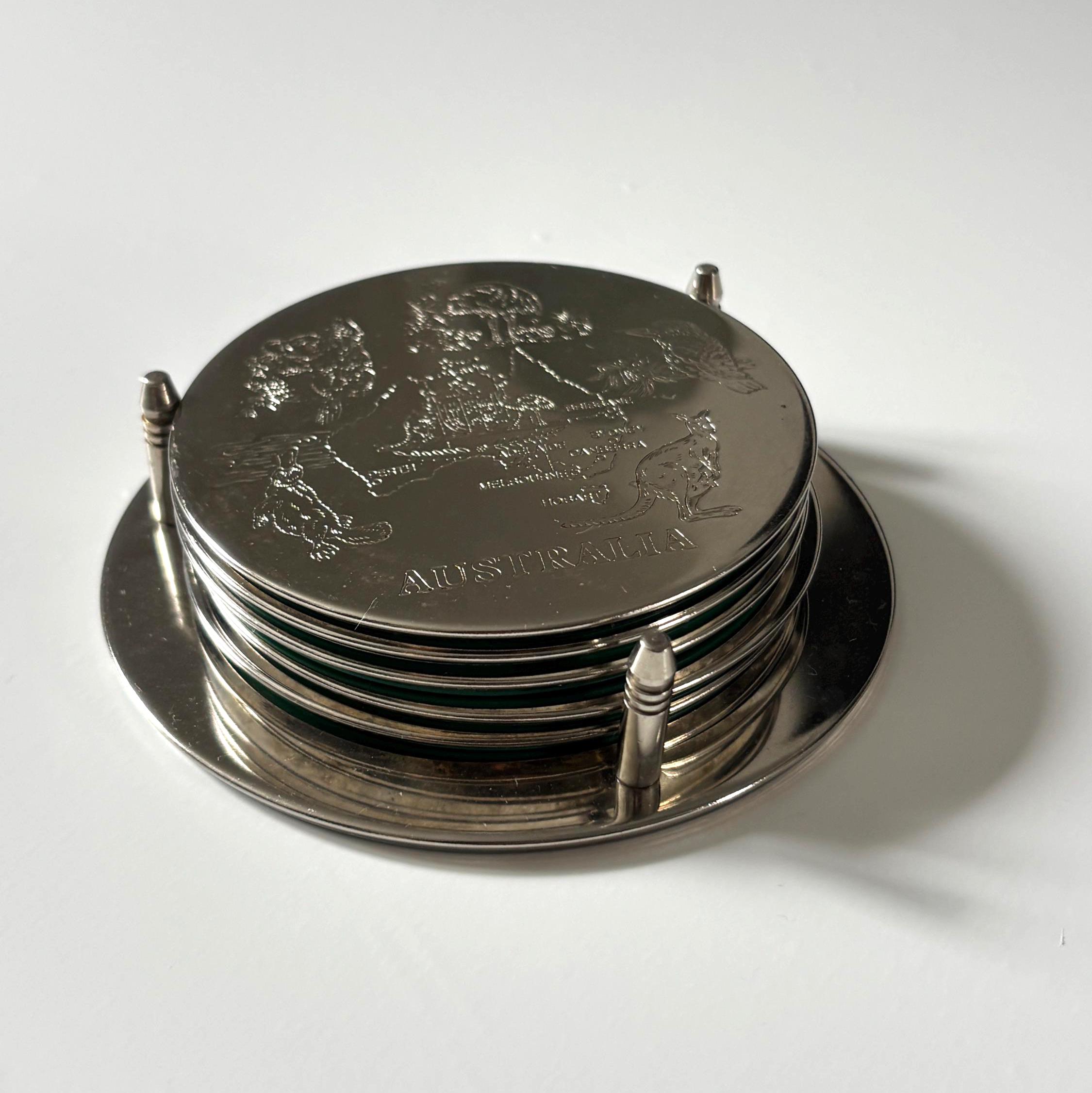 Vintage Australia Souvenir Coaster Set Silver Plated Drinks Coasters with Stand