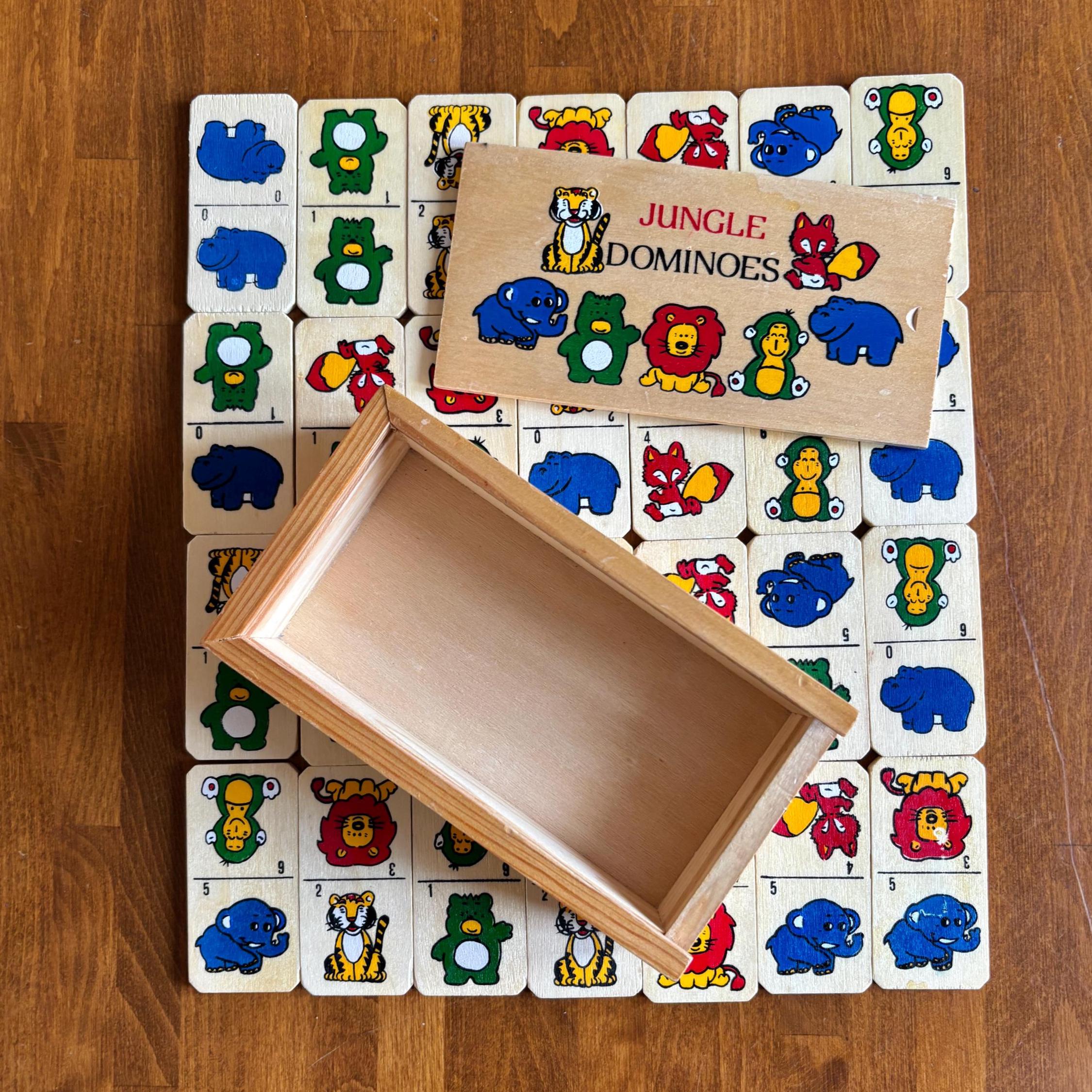 Vintage Wooden Jungle Dominoes Game | Animal Picture Dominoes in Sliding Box | Children’s Toy